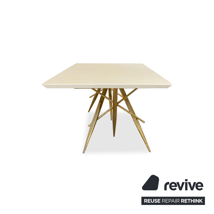 Ensemble table à manger Bretz Ohlinda en MDF et 6 chaises en tissu vert crème blanc or olive d'été motif floral coloré velours salle à manger 270 x 110 x 74 cm