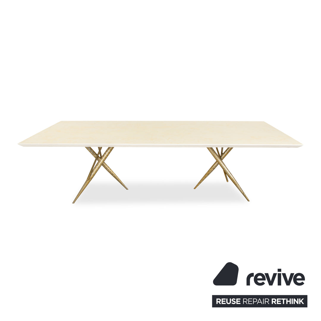 Ensemble table à manger Bretz Ohlinda en MDF et 6 chaises en tissu vert crème blanc or olive d'été motif floral coloré velours salle à manger 270 x 110 x 74 cm