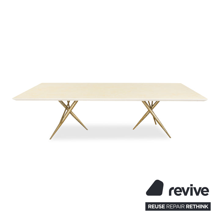Ensemble table à manger Bretz Ohlinda en MDF et 6 chaises en tissu vert crème blanc or olive d'été motif floral coloré velours salle à manger 270 x 110 x 74 cm