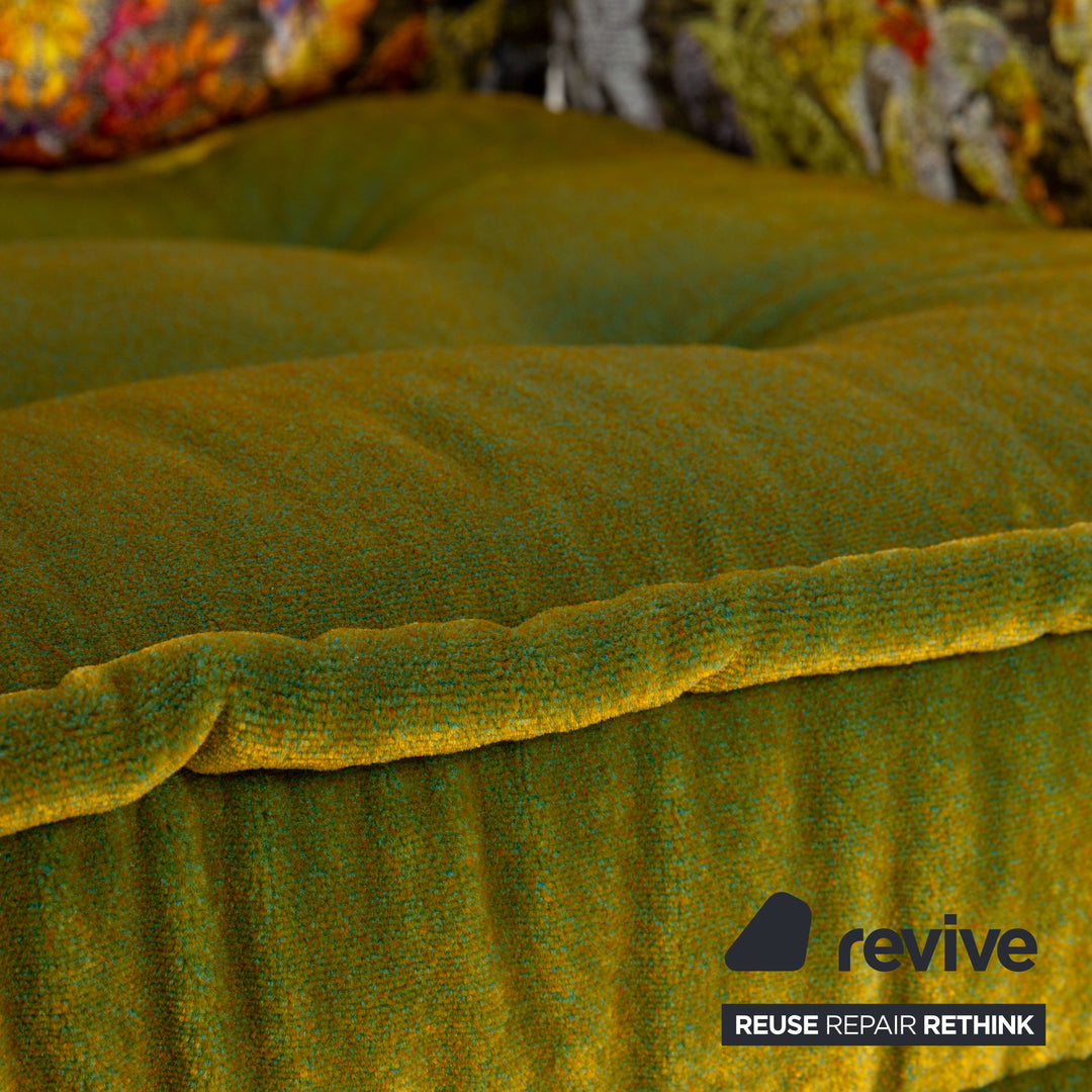 Ensemble table à manger Bretz Ohlinda en MDF et 6 chaises en tissu vert crème blanc or olive d'été motif floral coloré velours salle à manger 270 x 110 x 74 cm