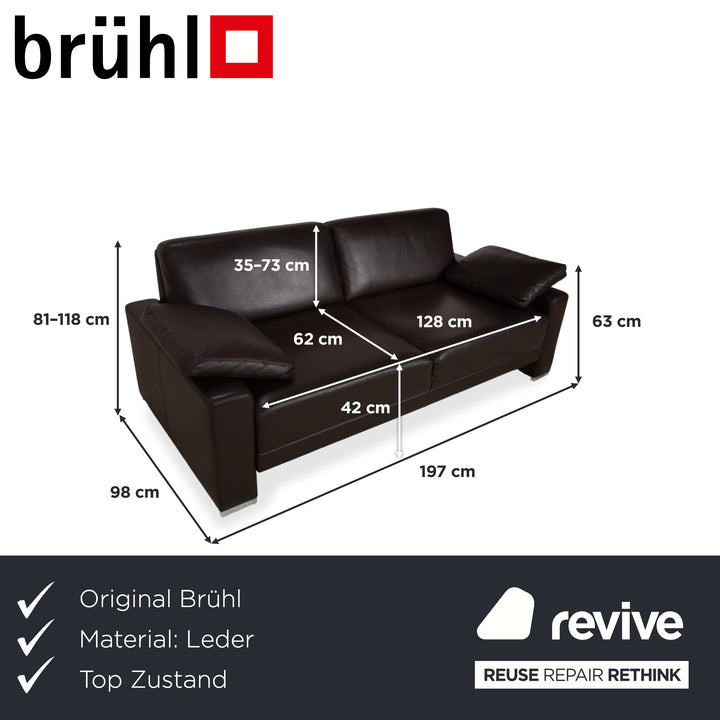 Brühl Alba Three-Seater Leather Sofa Brown including Headrest and Chrome Feet Couch Thick Leather