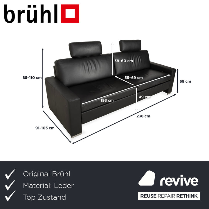 Brühl Alba Leather Three-Seater Black Manual Function Sofa Couch