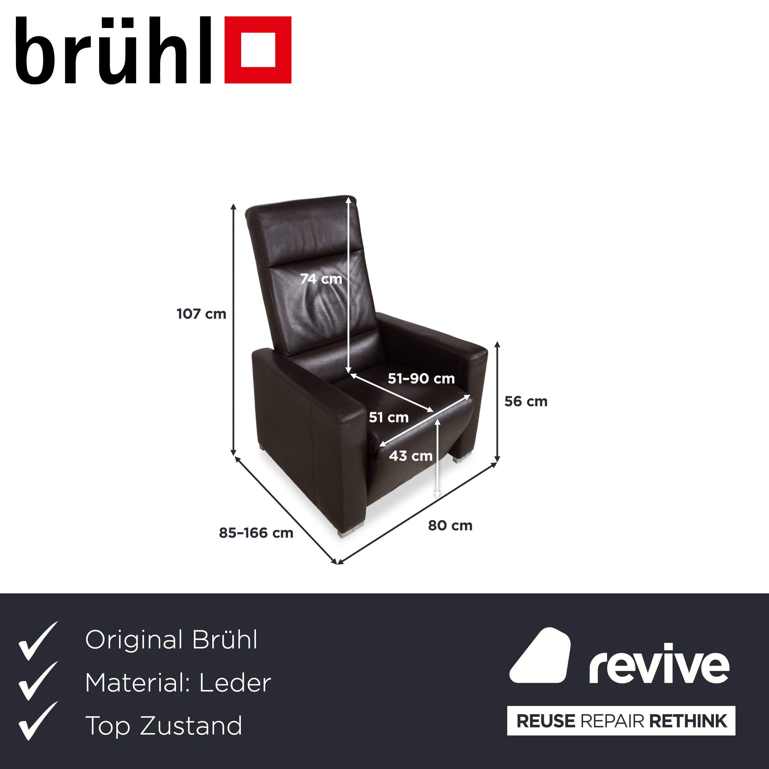 Brühl Alba Leder Sessel Braun inkl. manueller Relaxfunktion und Chrom Fuß Dickleder