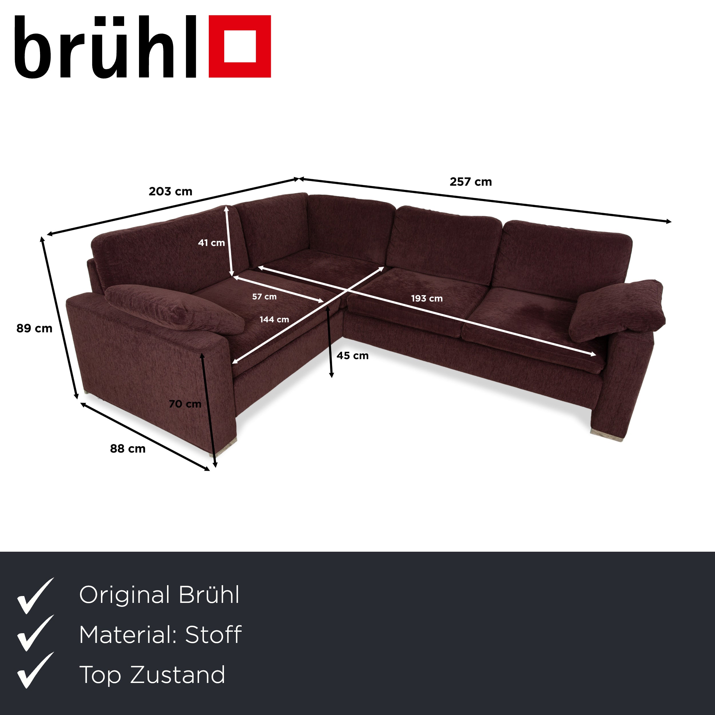 Canapé d'angle en tissu Brühl Alba rouge foncé bordeaux