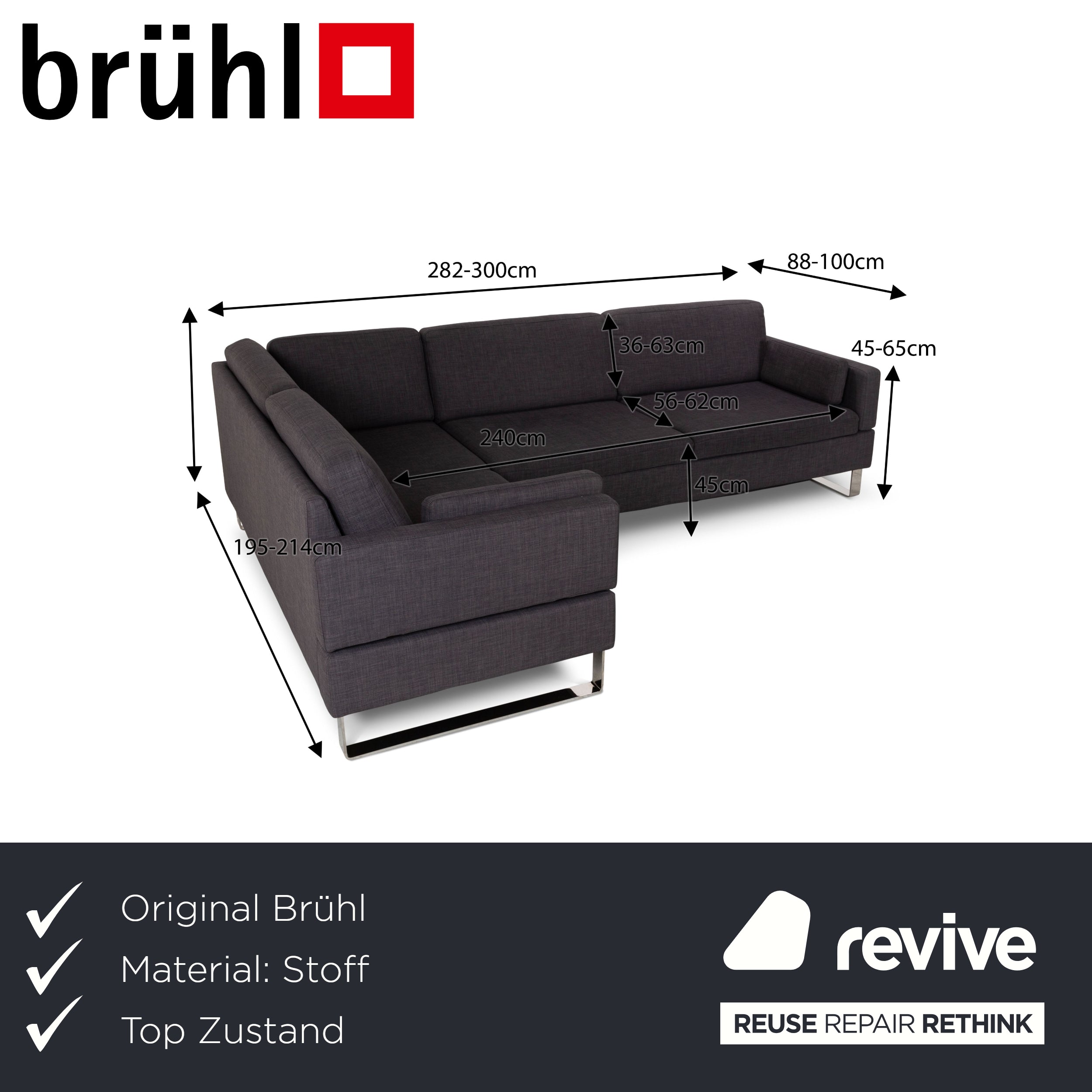 Brühl Alba Fabric Corner Sofa Grey Manual Function Sofa Couch