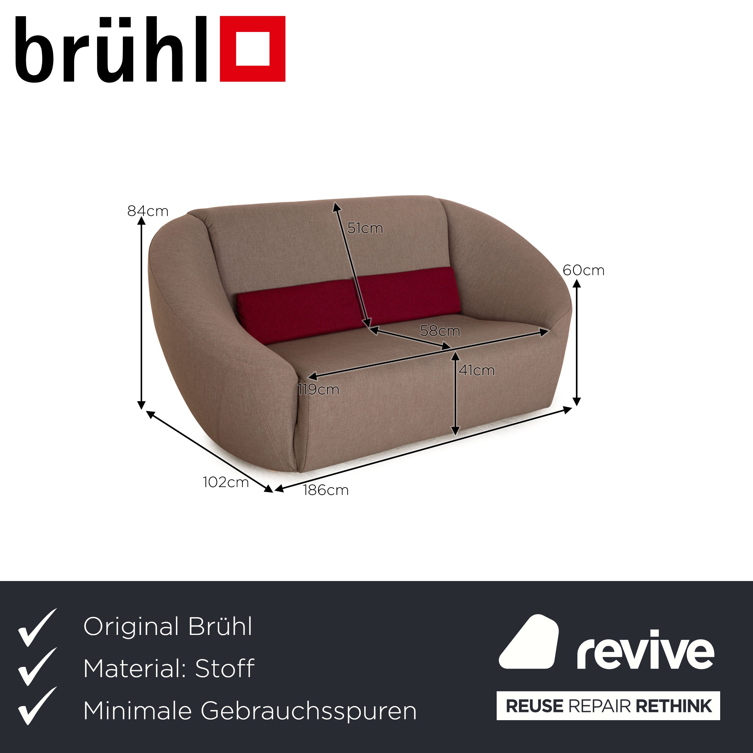 Brühl Avec Plaisir Fabric Two Seater Gray Sofa Couch