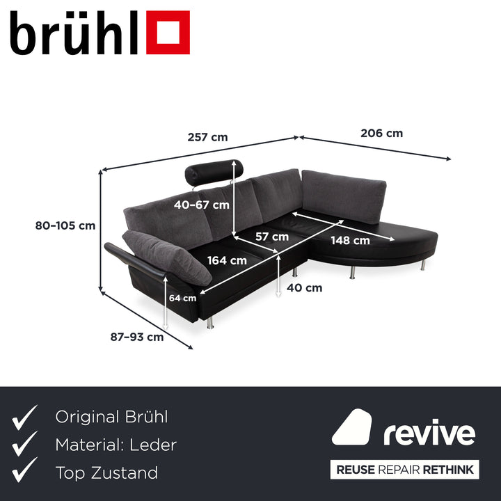 Brühl Divanetta Fabric Leather Corner Sofa Black Grey Sofa Couch Manual Function