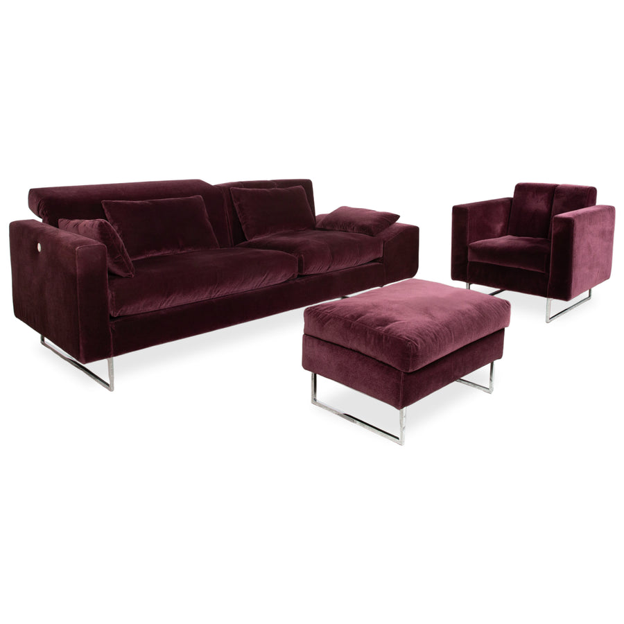 Brühl Embrace Garnitur Dreisitzer Sessel Hocker Sofa Velours Samt Chrom Violett Aubergine Lila manuelle Funktion Couch Stoff