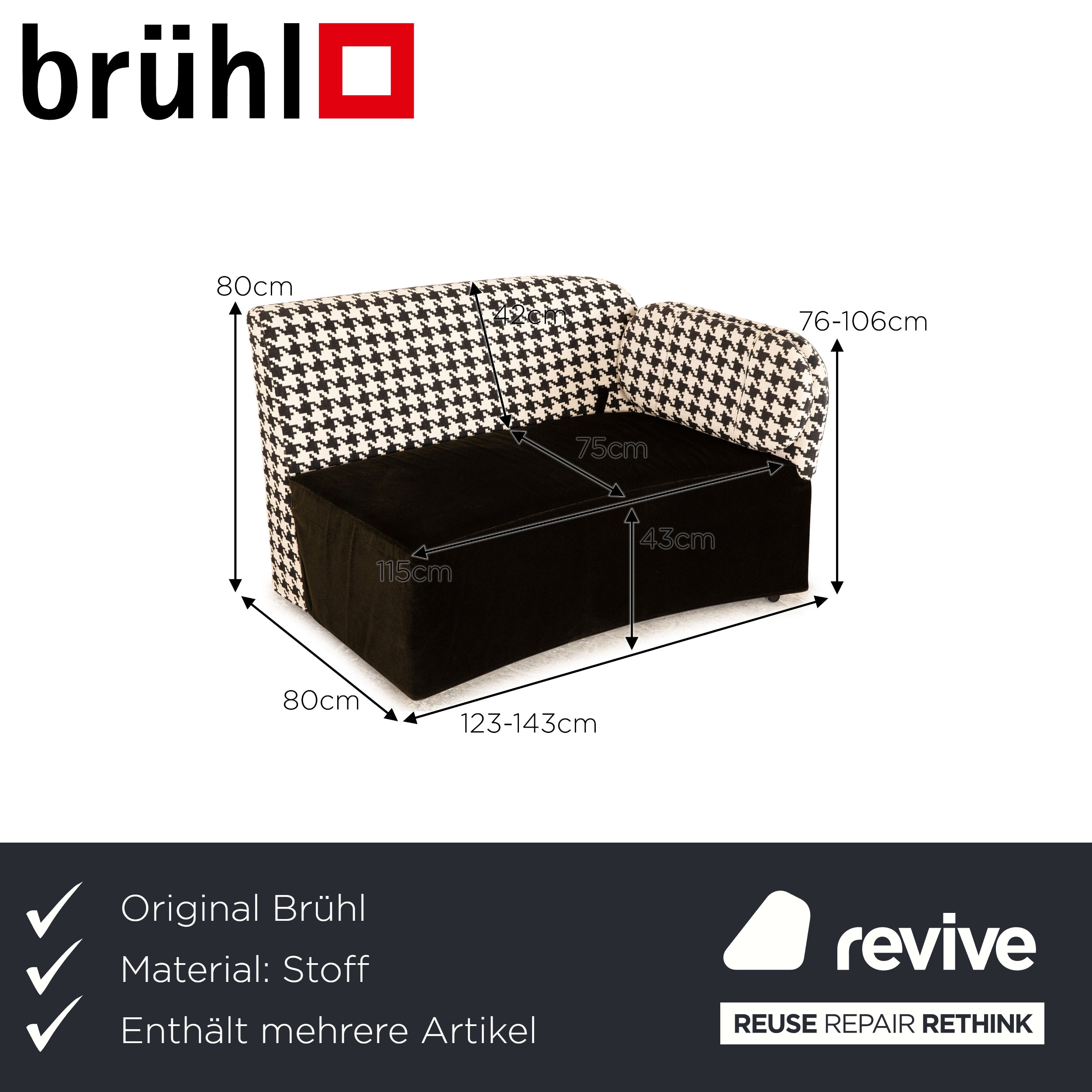 Brühl Floret Glory Fabric Sofa Set Black White Two Seater Sofa Couch