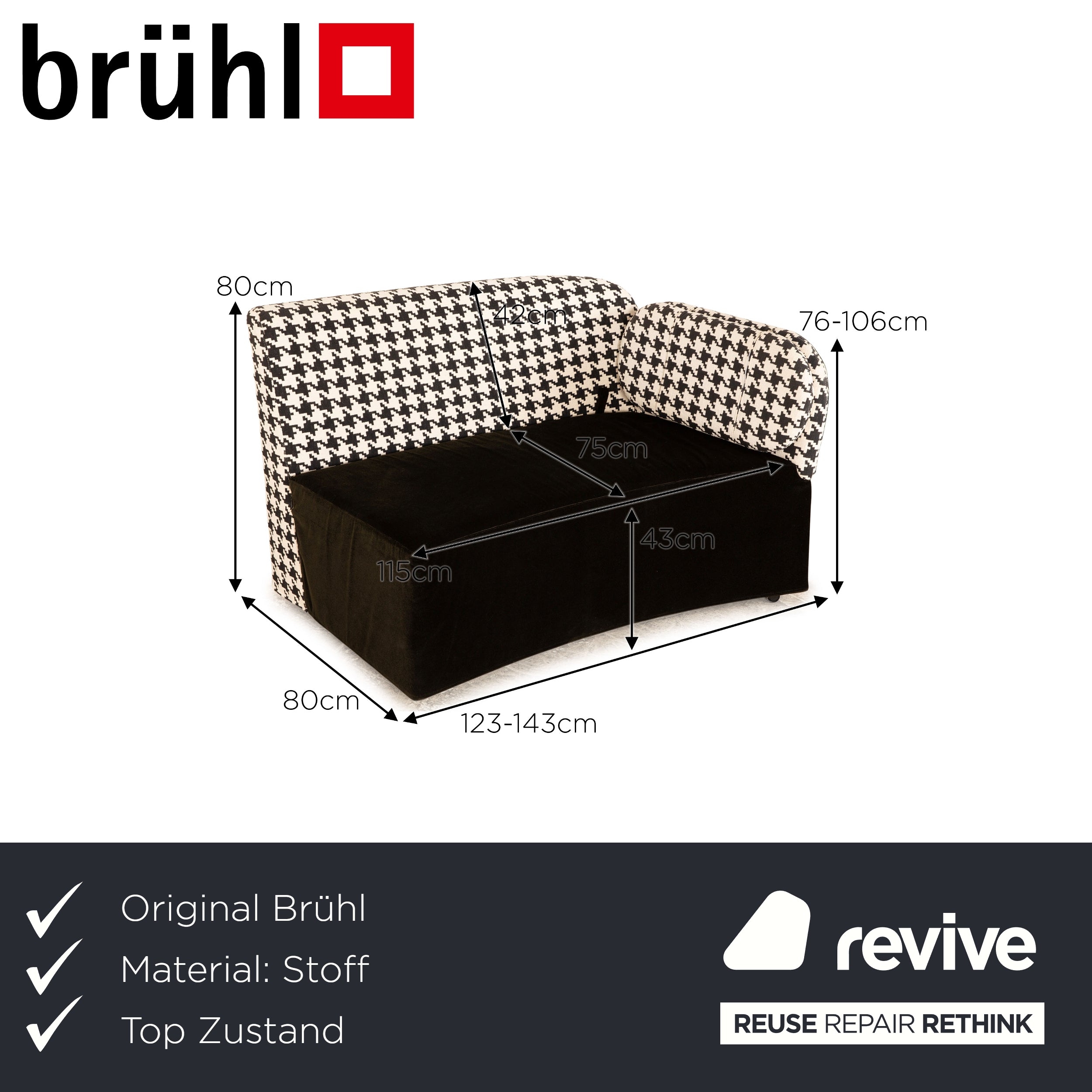 Brühl Floret Glory Fabric Two Seater Black White Sofa Couch