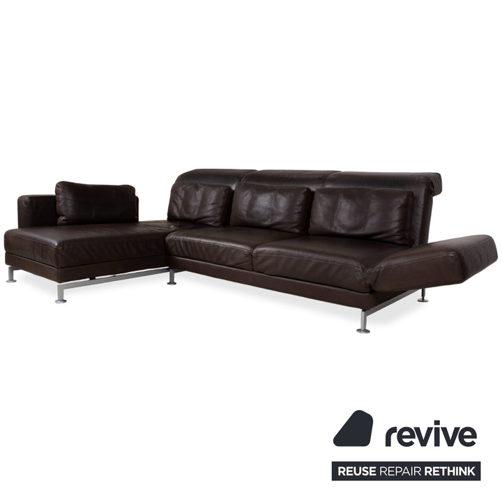 Brühl Moule Leather Corner Sofa, Stool, Brown Chrome Sofa Couch Manual Function