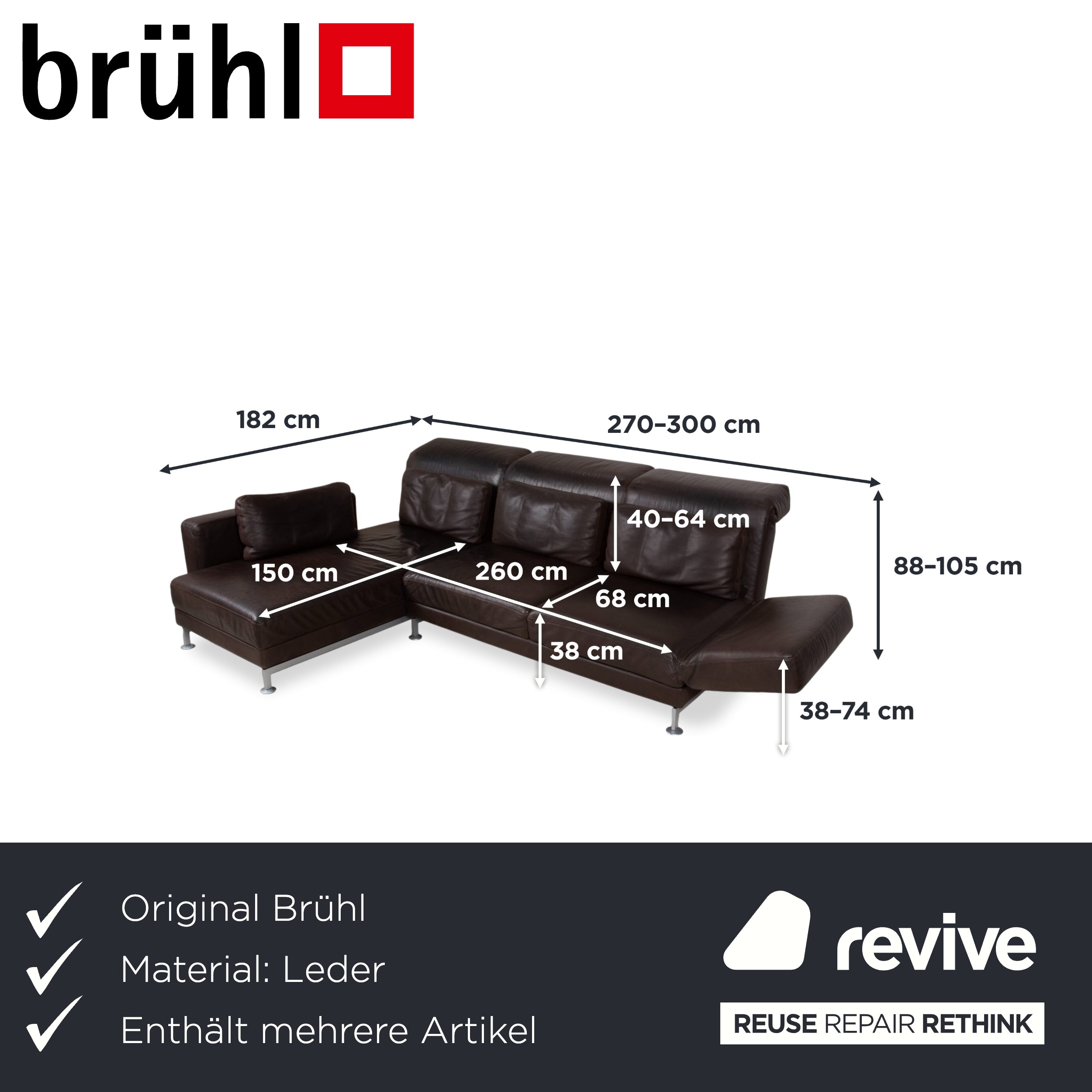 Brühl Moule Garnitur Leder Ecksofa Hocker Braun Chrom Sofa Couch manuelle Funktion