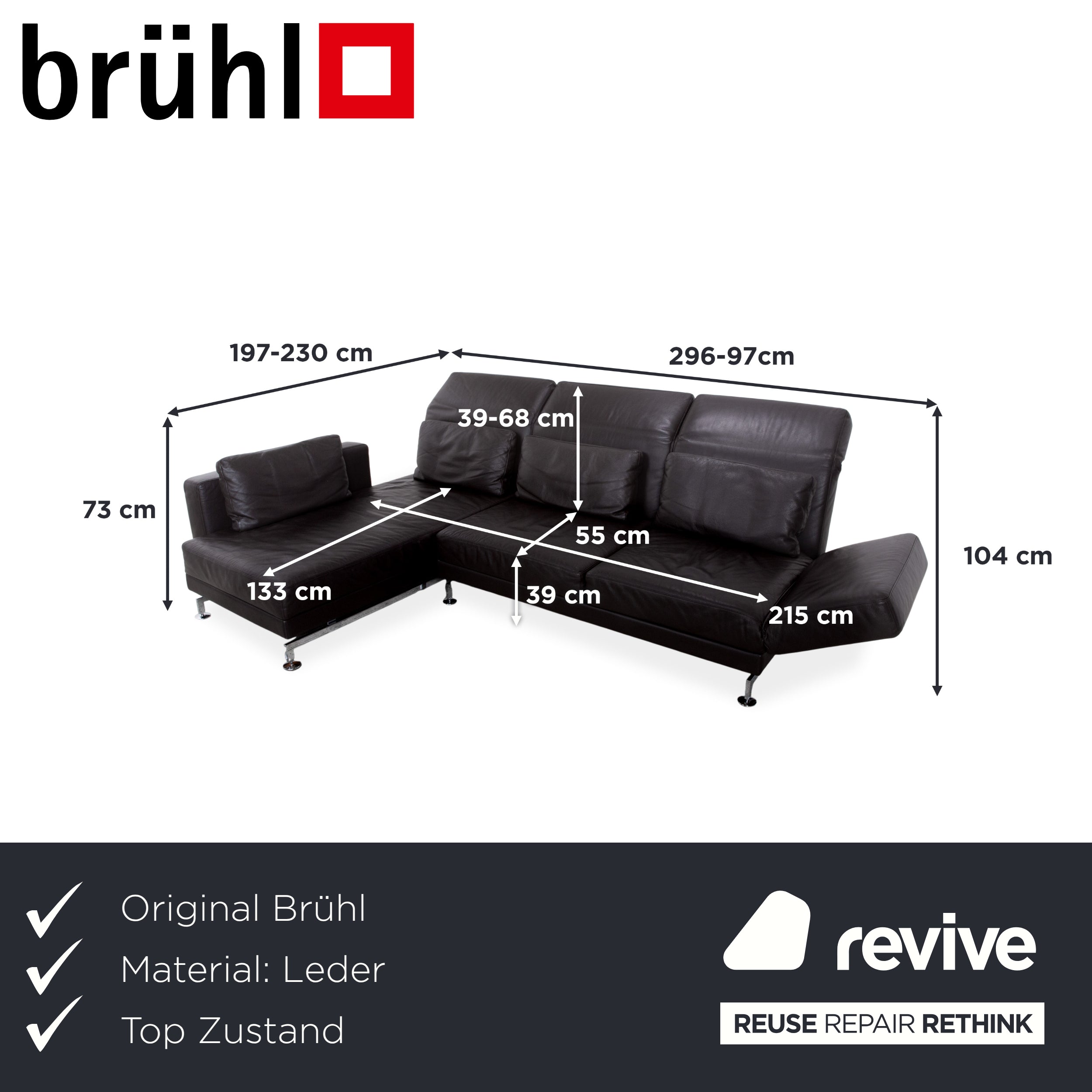 Brühl Moule Leather Chrome Corner Sofa Brown Sofa Couch Function