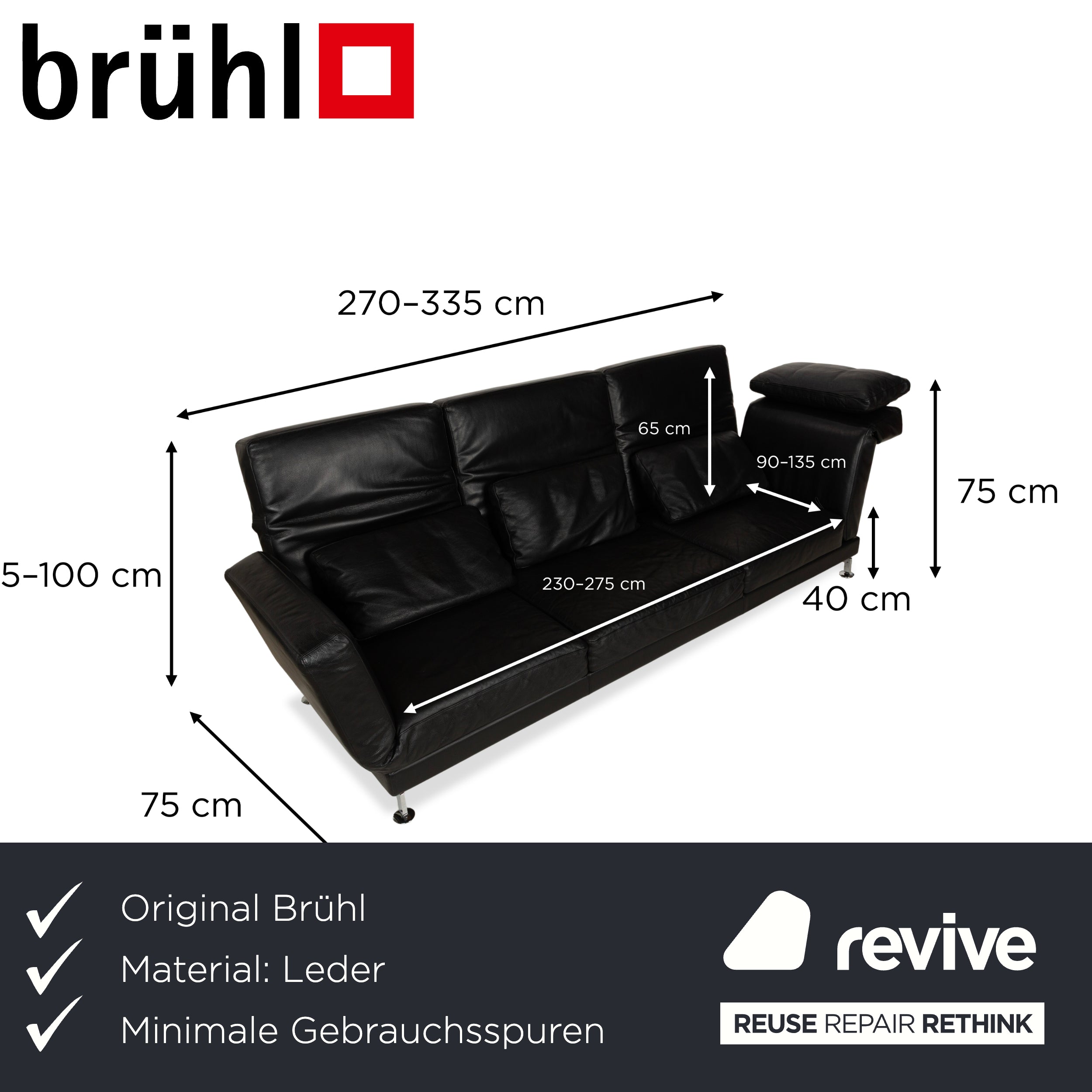 Brühl Moule Leder Dreisitzer Schwarz manuelle Funktion Sofa Couch
