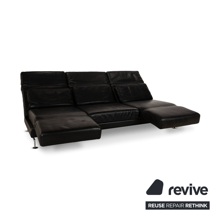 Brühl Moule Leather Three-Seater Black Manual Function Sofa Couch Reclining Function