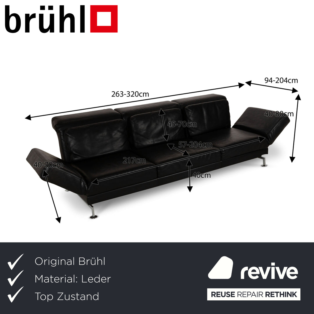 Brühl Moule Leather Three-Seater Black Manual Function Sofa Couch Reclining Function