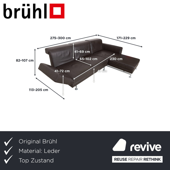 Canapé d'angle en cuir marron Brühl Moule, à réglage manuel, avec fonction inclinable