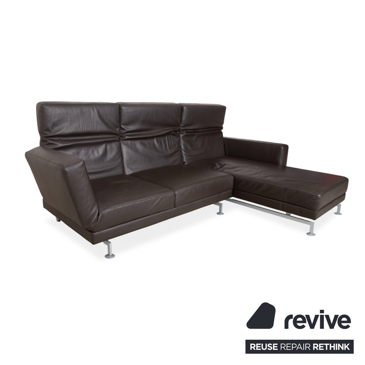 Canapé d'angle en cuir marron Brühl Moule, à réglage manuel, avec fonction inclinable