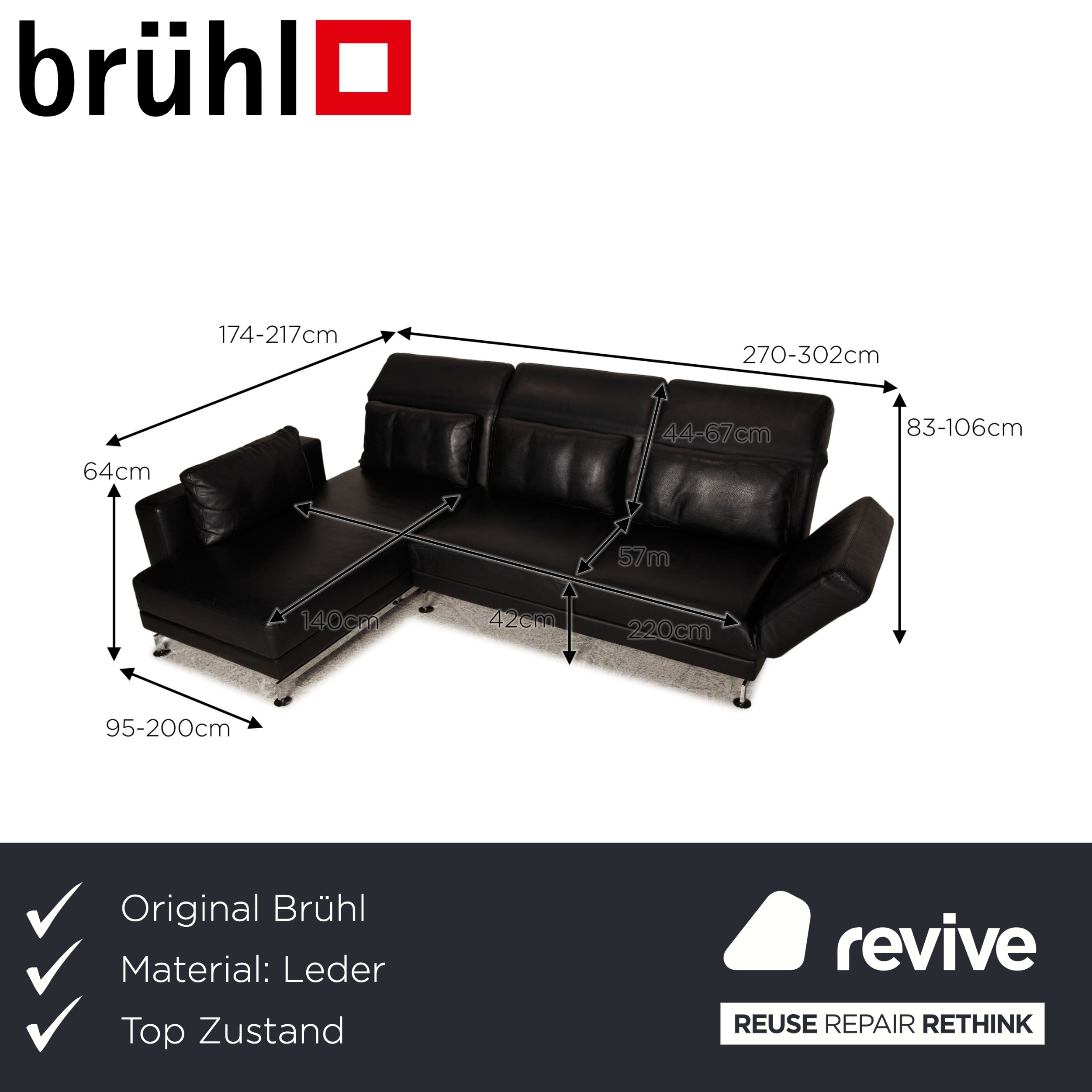 Brühl Moule Leather Corner Sofa Black Sofa Couch Function