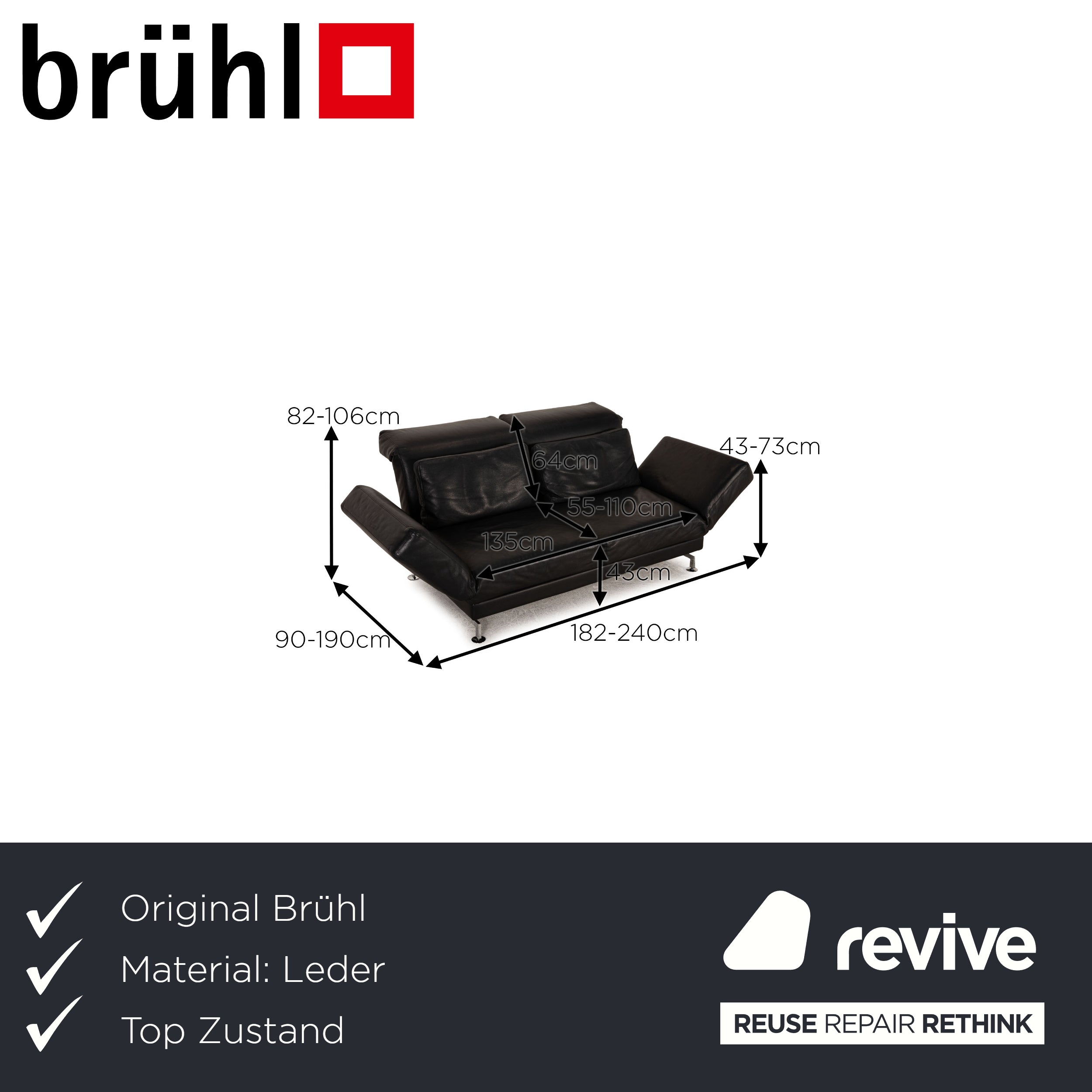 Brühl Moule (medium) Leder Sofa Schwarz Zweisitzer Couch Funktion Relaxfunktion