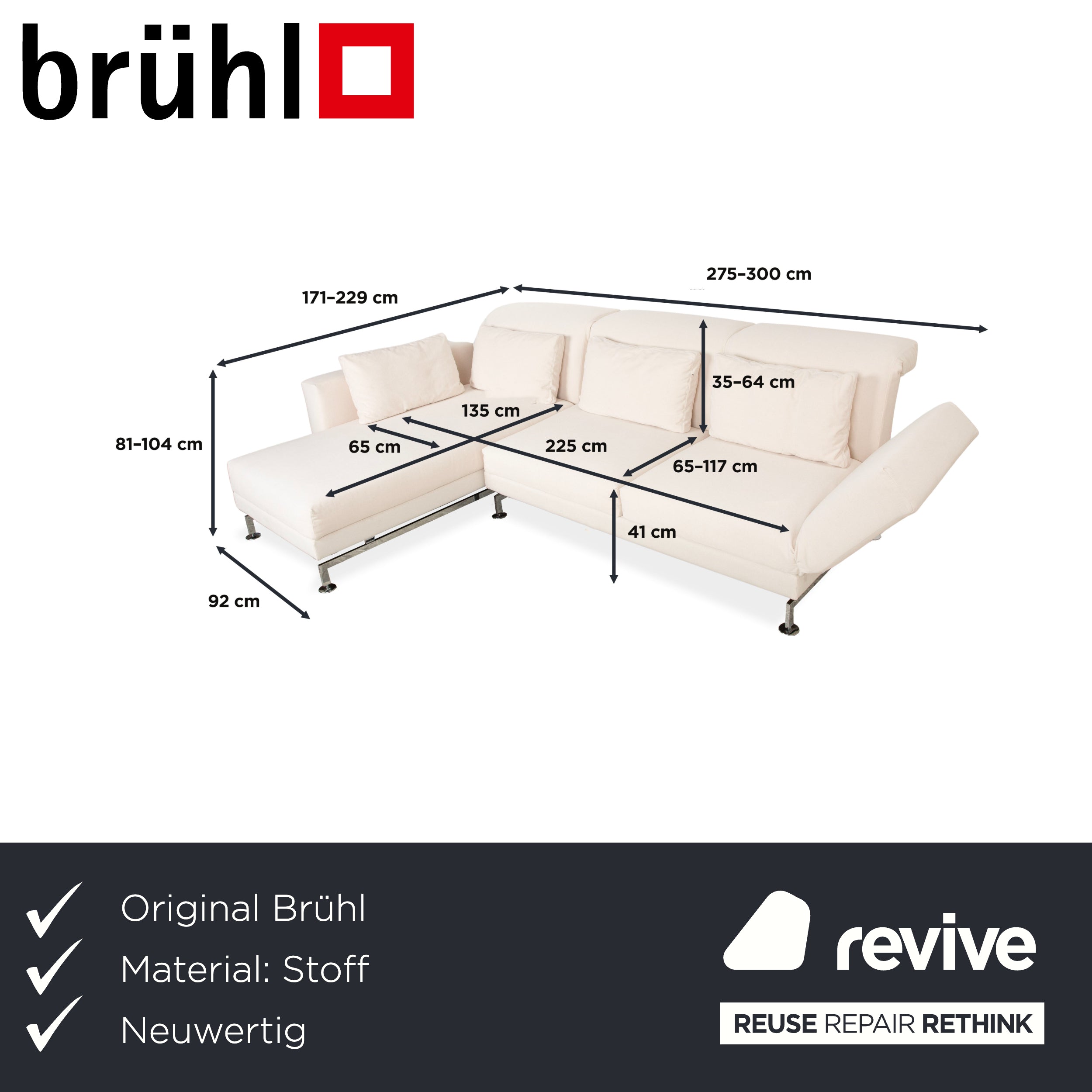 Canapé d'angle Brühl Moule en tissu beige, à fonction manuelle, méridienne à gauche, retapissé