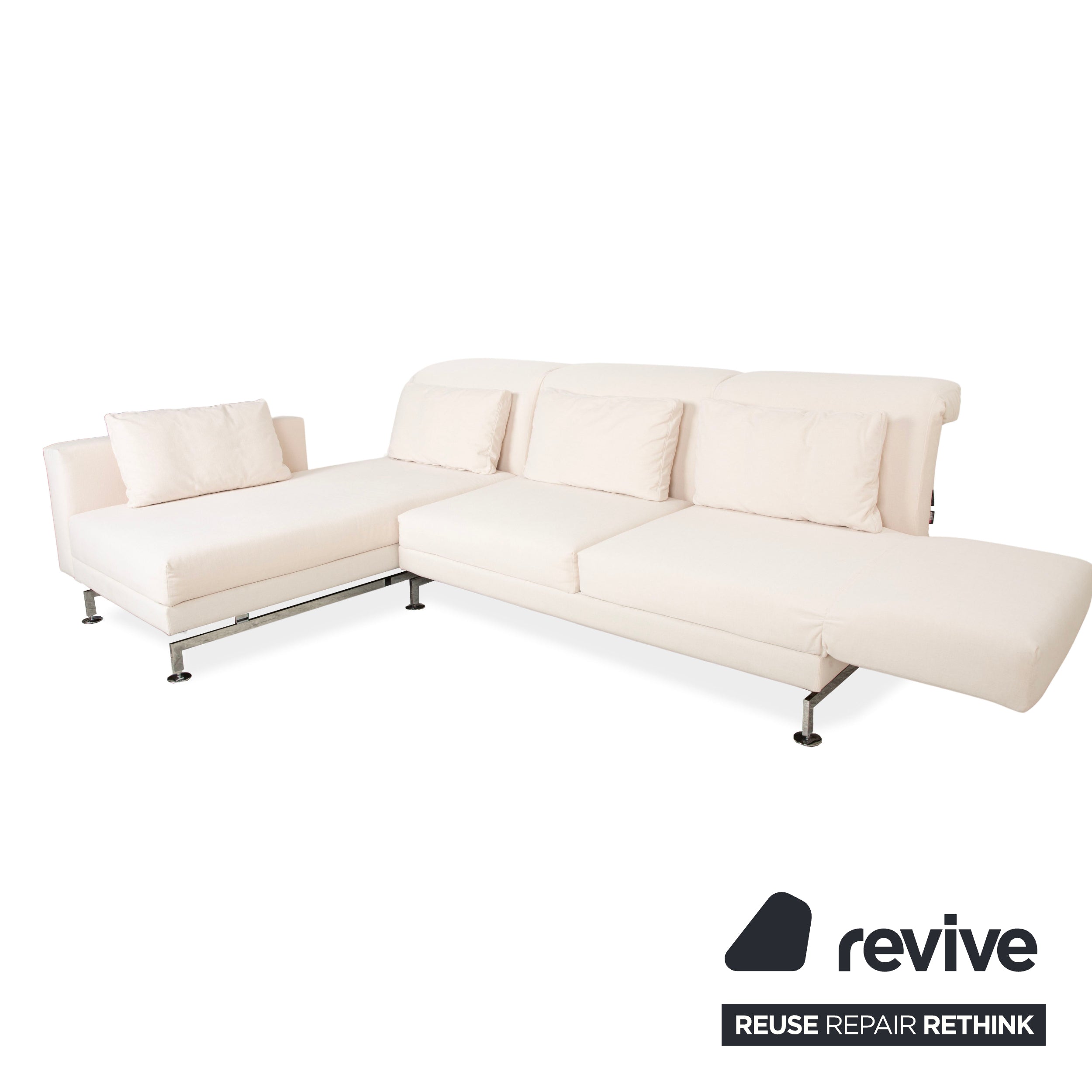 Canapé d'angle en tissu Brühl Moule crème beige avec fonction manuelle, récamière gauche, nouveau revêtement MALOU 107