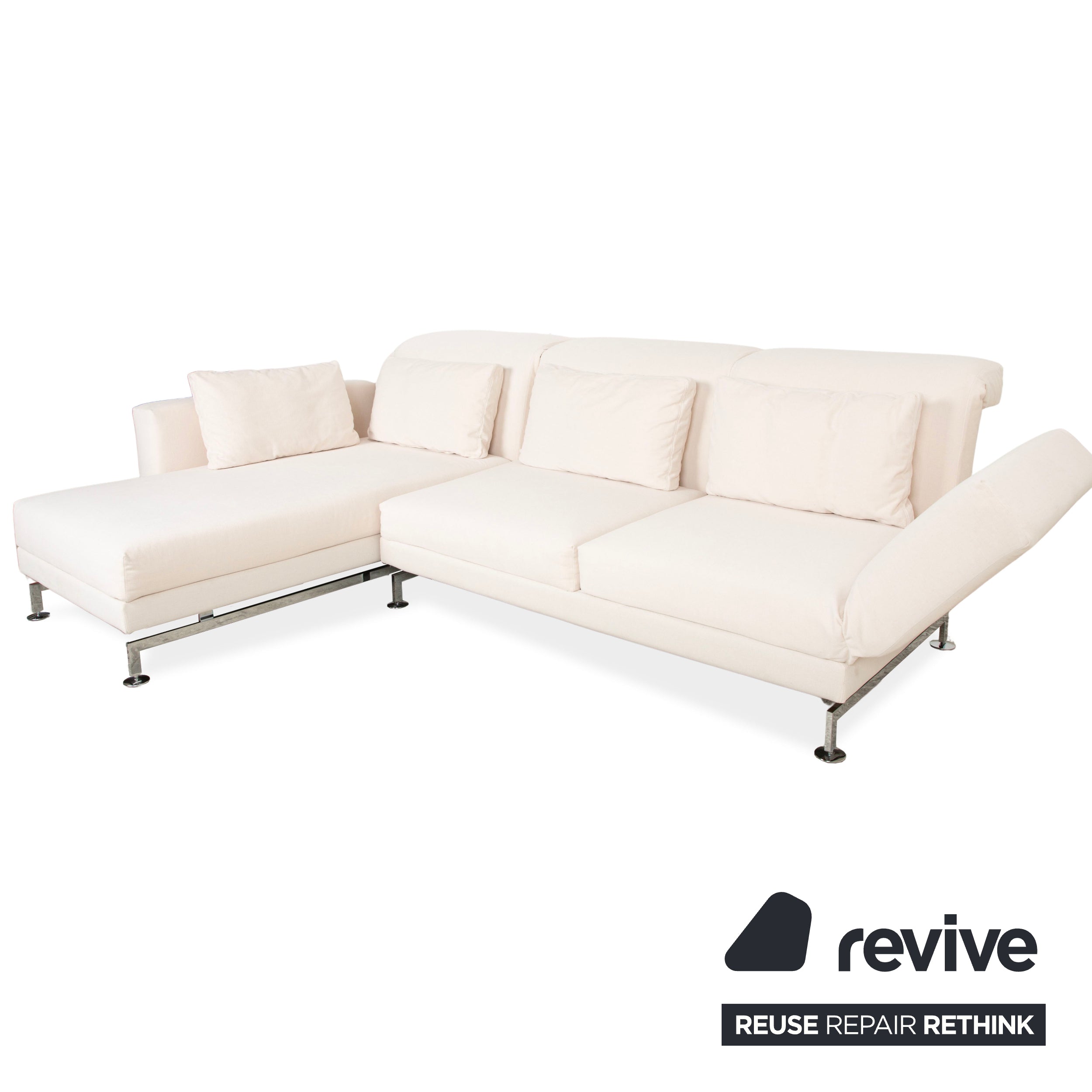 Canapé d'angle en tissu Brühl Moule crème beige avec fonction manuelle, récamière gauche, nouveau revêtement MALOU 107