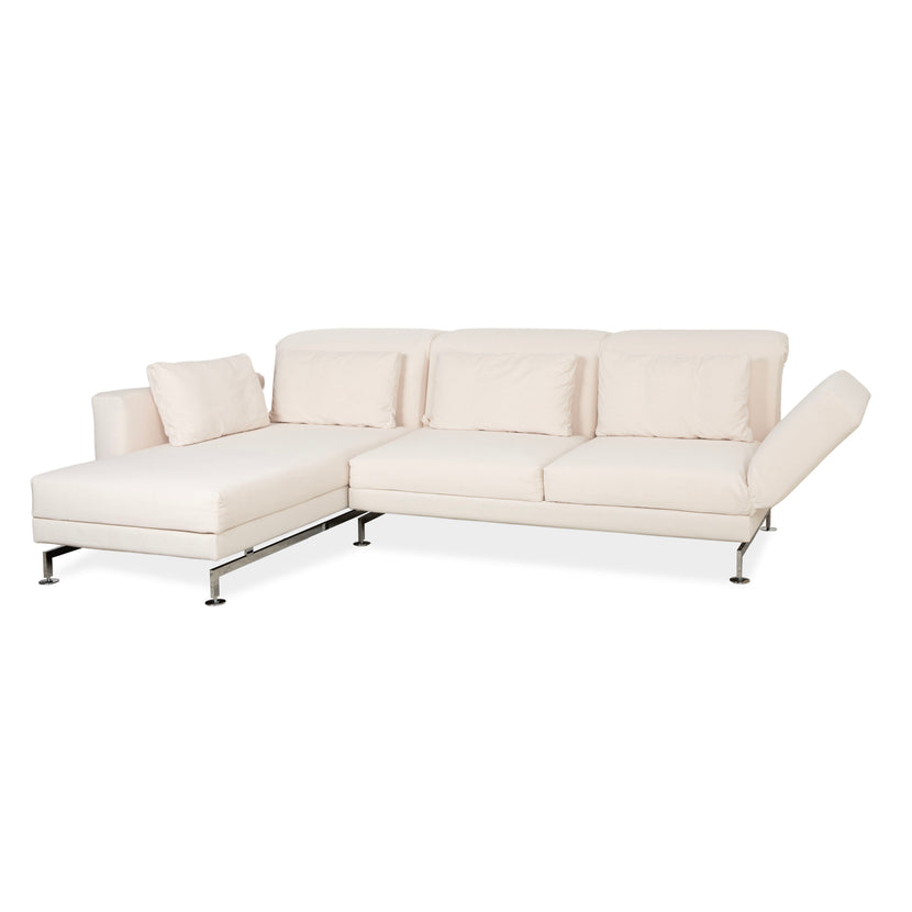 Canapé d'angle en tissu Brühl Moule crème beige avec fonction manuelle, récamière gauche, nouveau revêtement MALOU 107