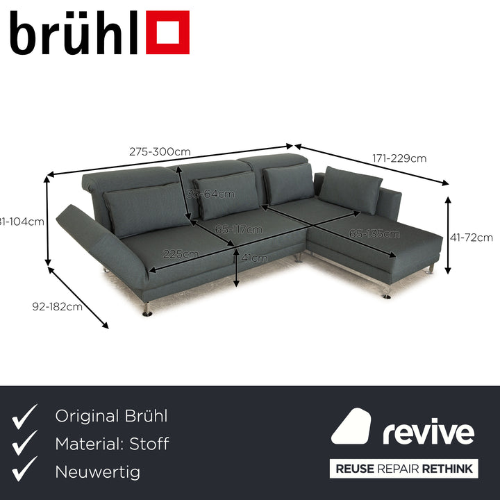 Brühl Moule fabric corner sofa blue gray couch manual function chaise longue on the right new cover