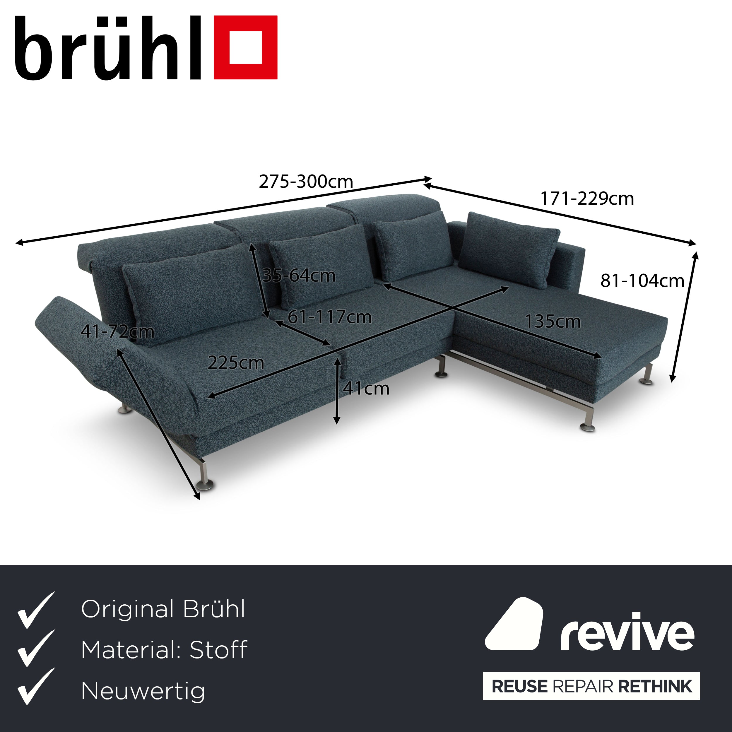 Brühl Moule Fabric Corner Sofa Blue Couch Manual Function Recamiere Right New Cover