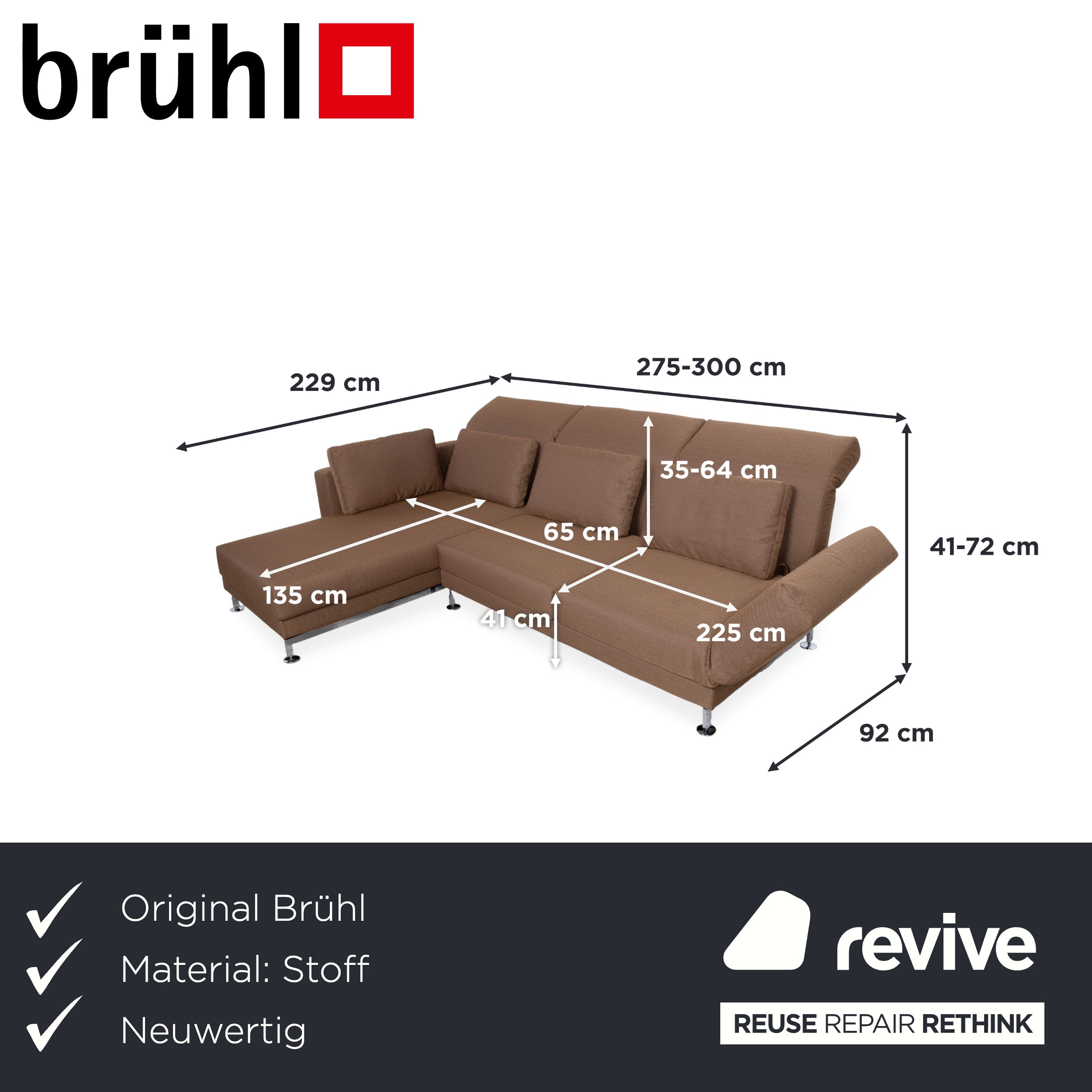 Brühl Moule Fabric Corner Sofa Brown Couch Manual Function Chaise Longue Left Reupholstered