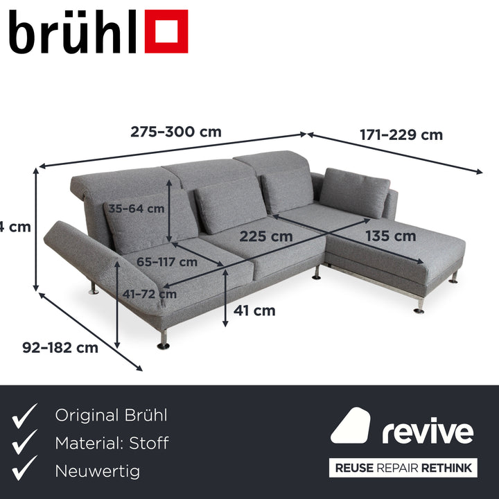 Brühl Moule Stoff Ecksofa Grau Couch manuelle Relaxfunktion Recamiere rechts Neubezug GLOW 534