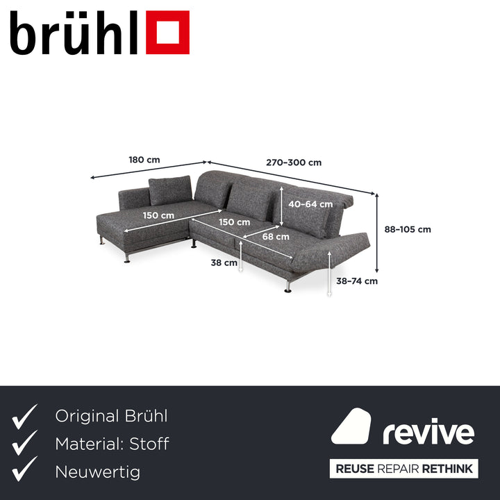 Brühl Moule Canapé d'angle en tissu gris avec fonction manuelle, récamière à gauche, retapissé JAB1040
