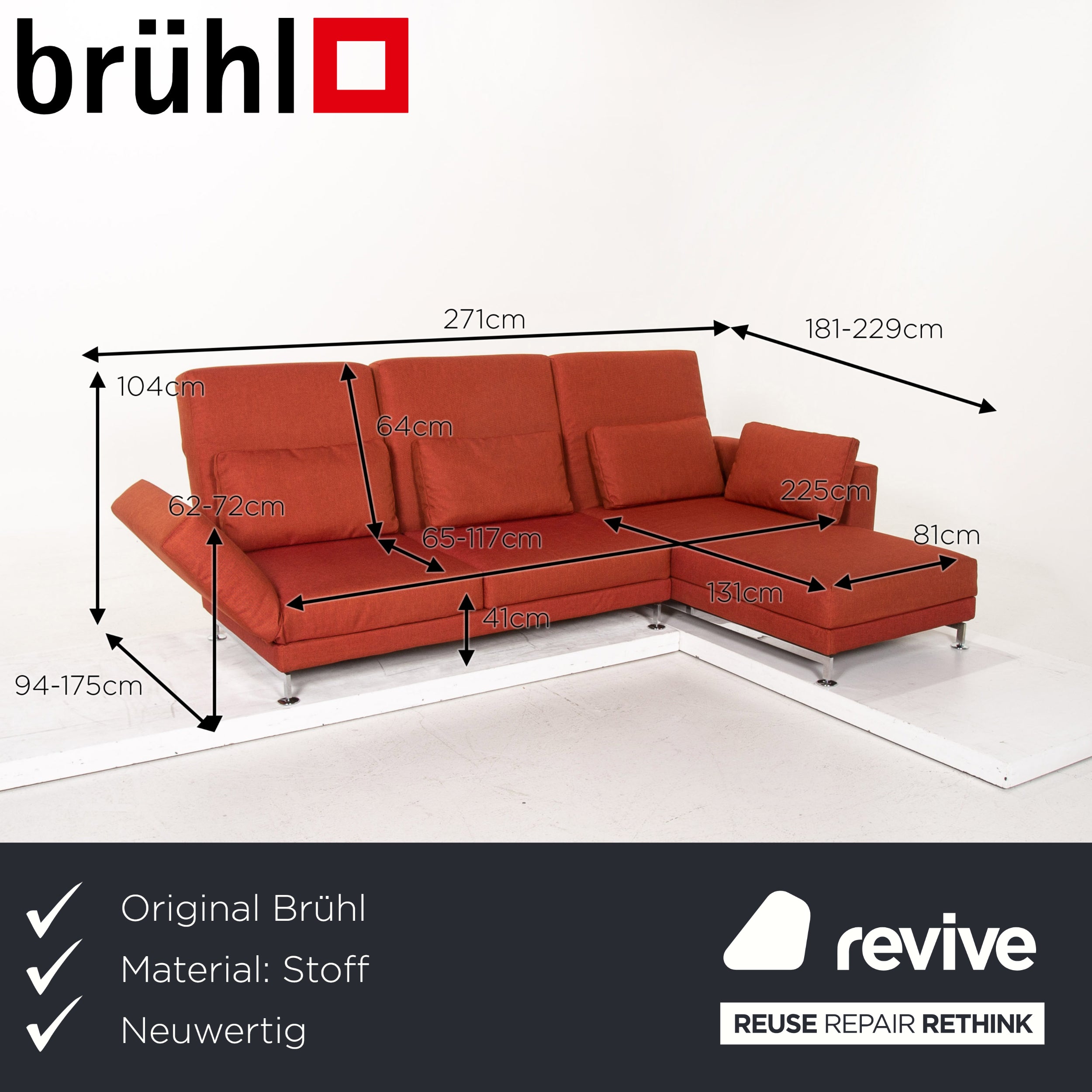 Brühl Moule Stoff Ecksofa Terrakotta Rot Relaxfunktion Funktion Couch #14590