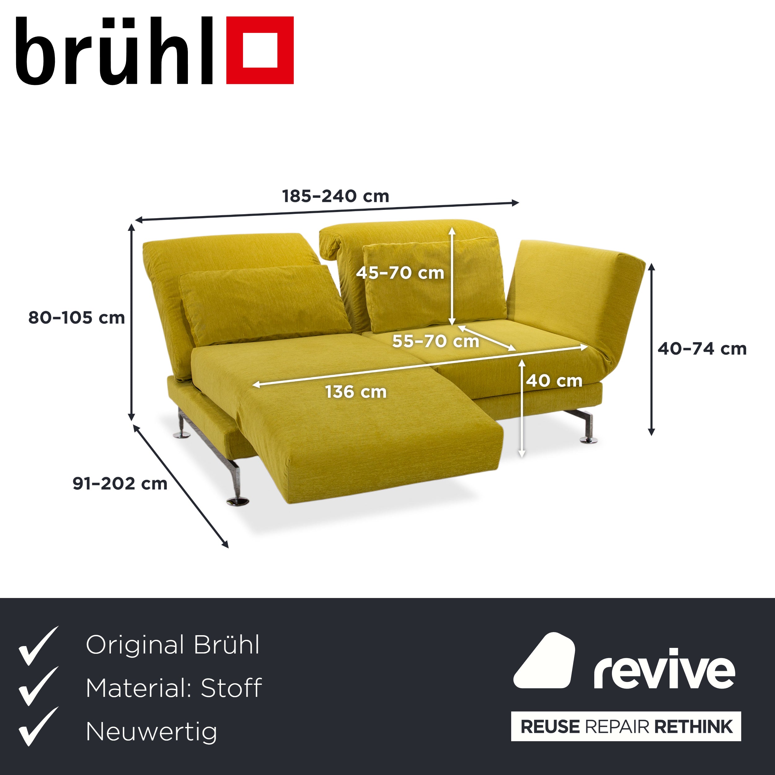 Brühl Moule Stoff Zweisitzer Gelb Grün manuelle Funktion Sofa Couch Neubezug PURA FR 123