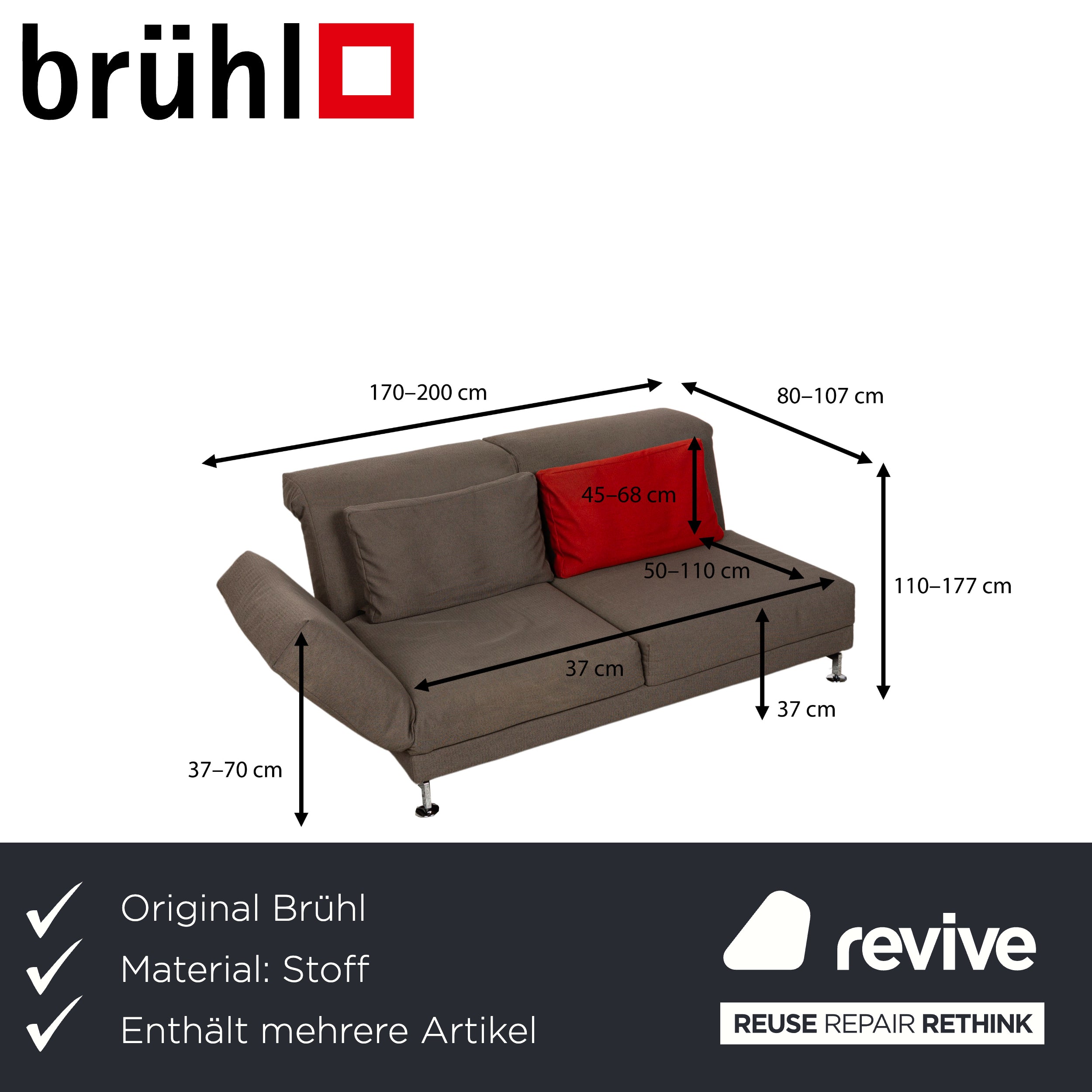 Brühl Moule Fabric Two-Seater Sofa Couch Brown Grey Manual Function