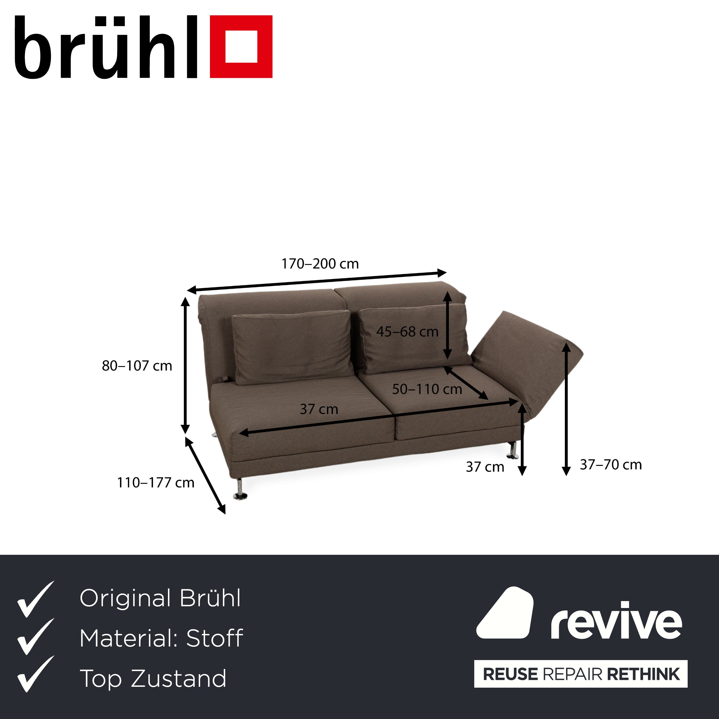 Brühl Moule Fabric Two-Seater Sofa Couch Brown Grey Manual Function