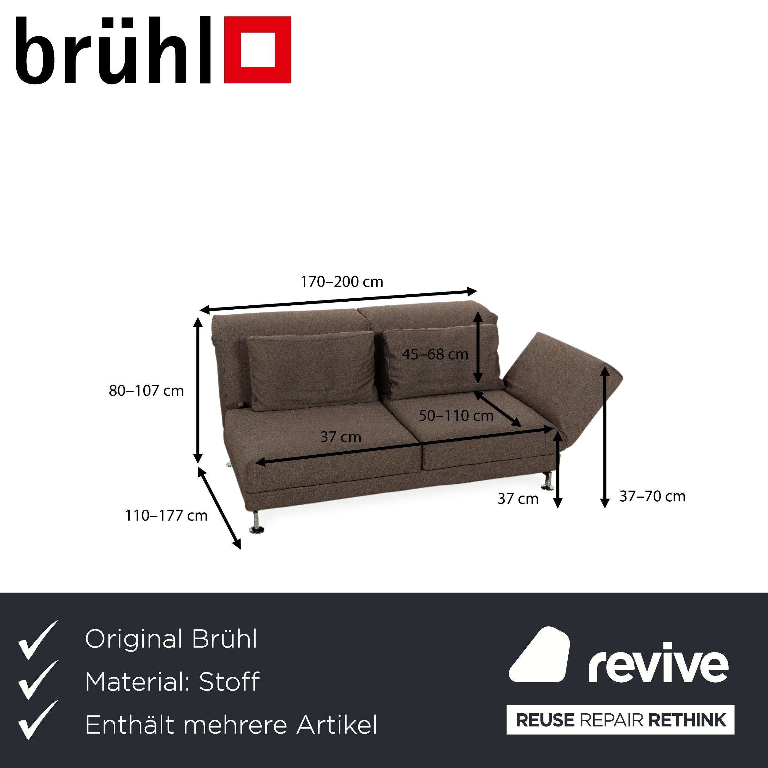 Brühl Moule Fabric Two-Seater Sofa Couch Brown Grey Manual Function