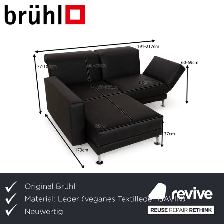 Brühl Moule veganes Leder GAVIN Ecksofa Schwarz manuelle Funktion Recamiere Links Sofa Couch Neubezug