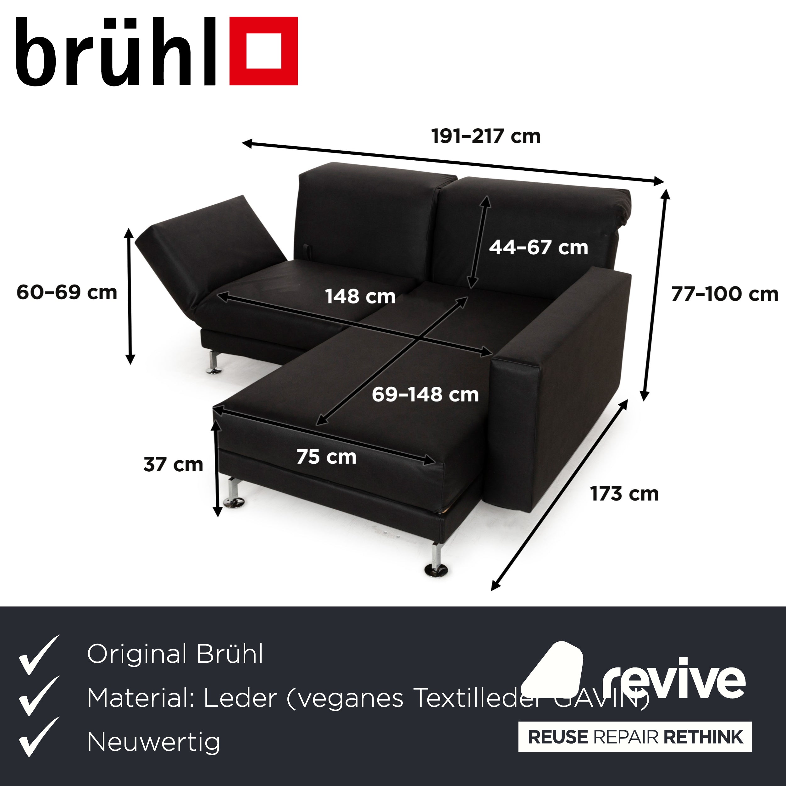 Brühl Moule veganes Leder GAVIN Ecksofa Schwarz manuelle Funktion Recamiere Rechts Sofa Couch Neubezug
