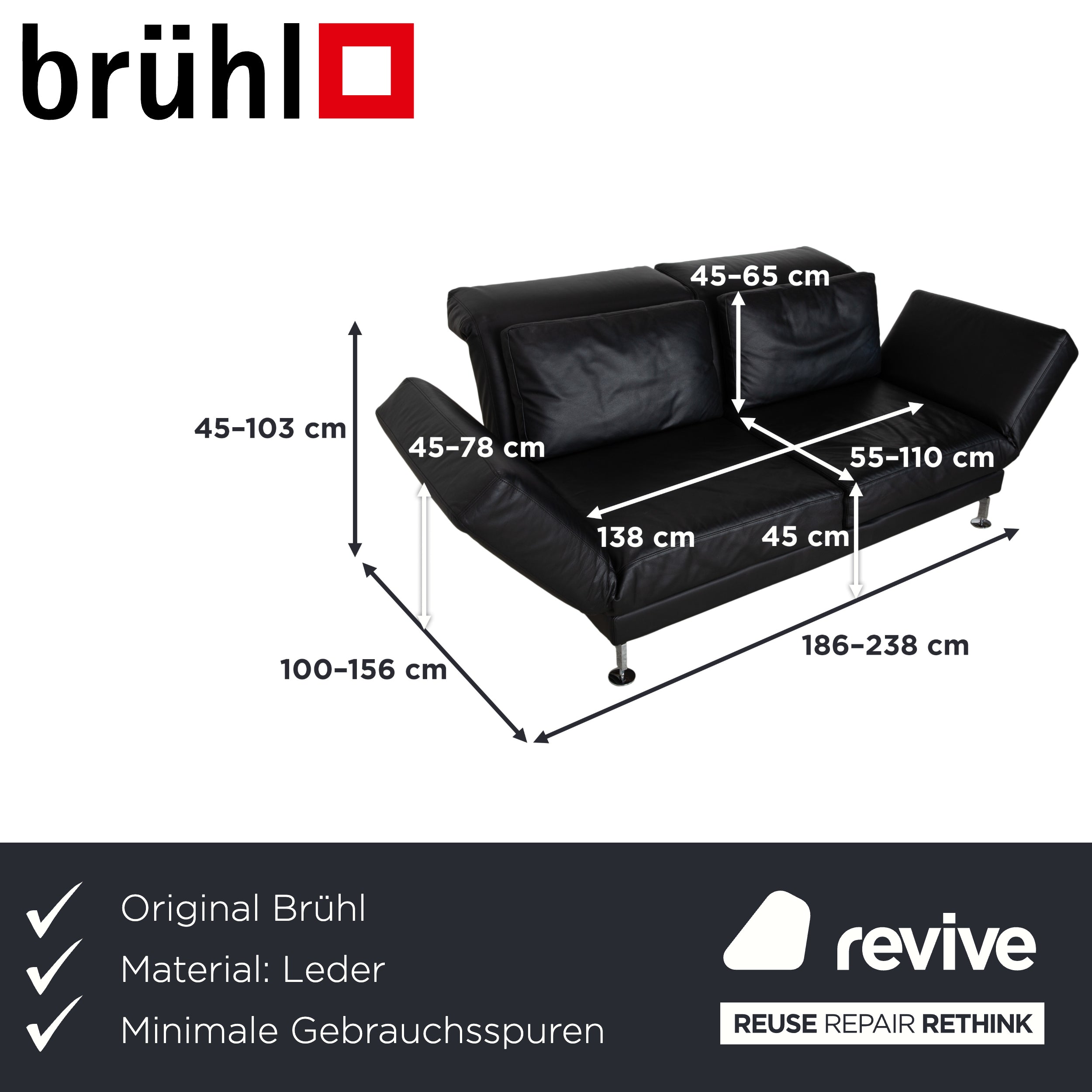 Brühl Moule Zweisitzer Schwarz Leder manuelle Funktion Sofa Couch