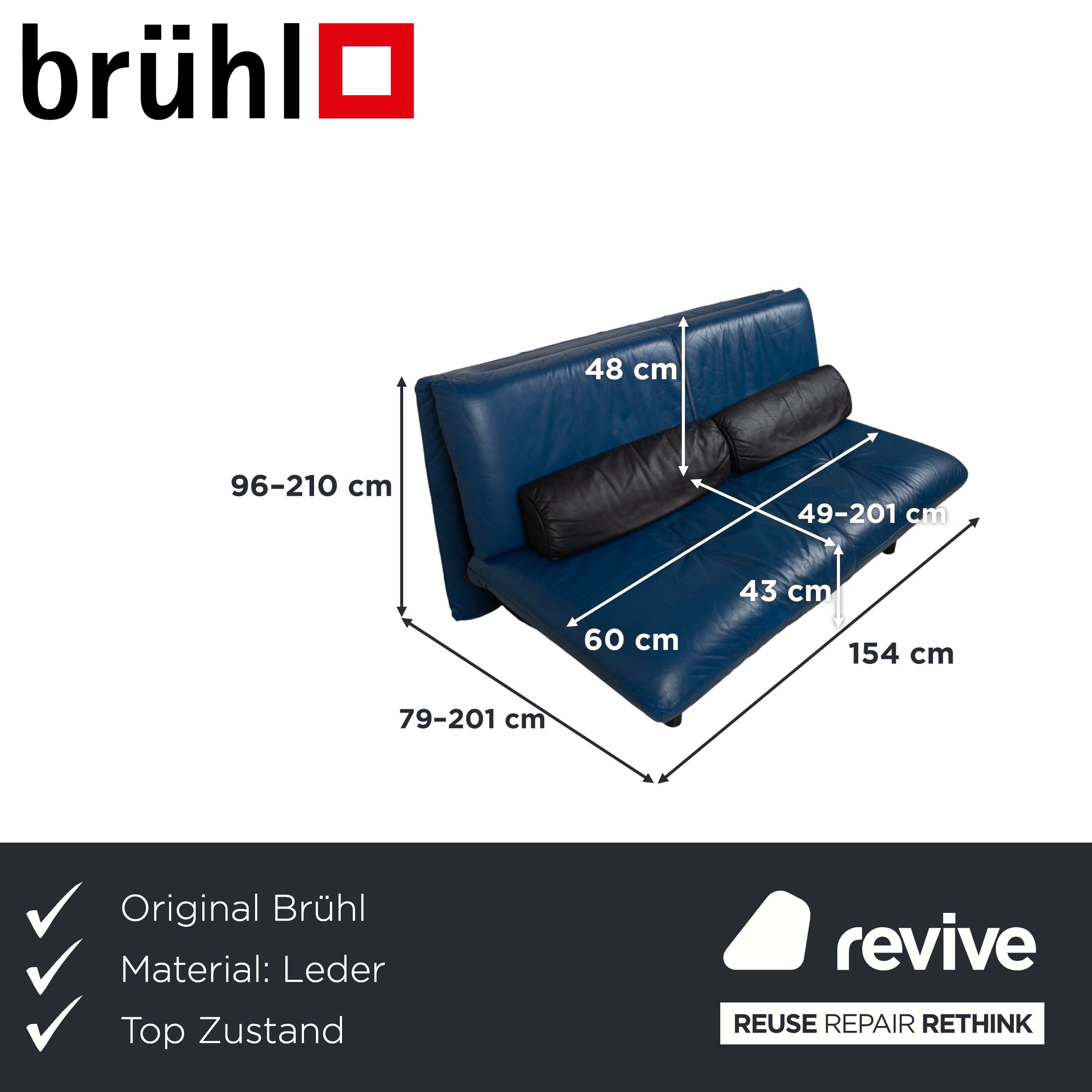 Brühl Quint Leder Zweisitzer Schlafsofa Blau manuelle Funktion Couch