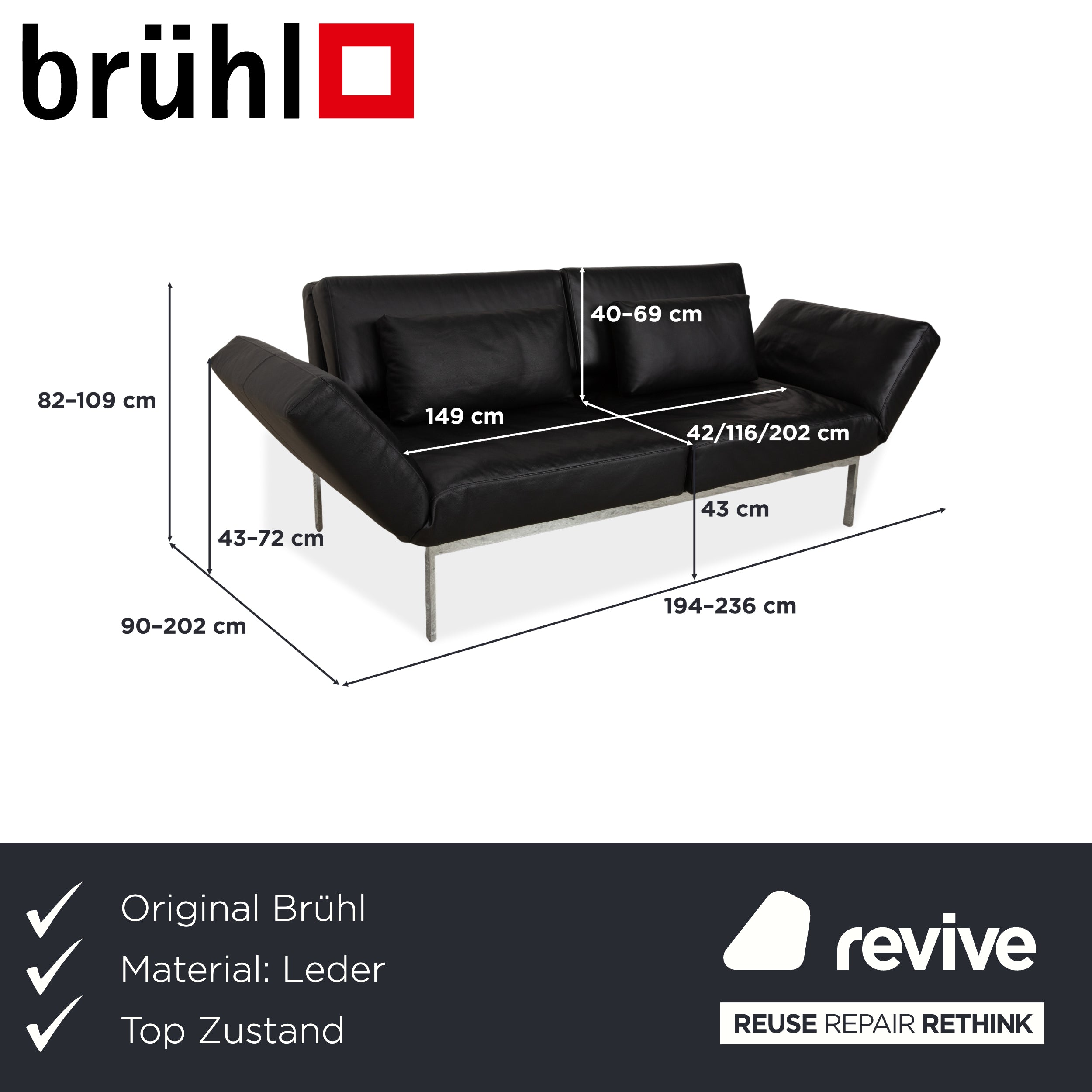 Brühl Roro Leder Zweisitzer Schwarz manuelle Funktion Sofa Couch Schlafsofa