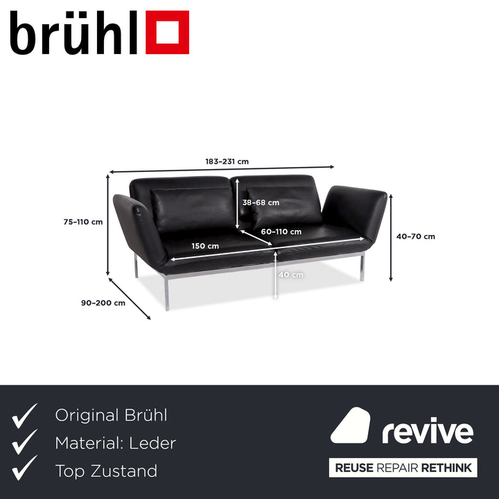 Brühl Roro Medium Leder Sofa Schwarz Zweisitzer Couch manuelle Funktion