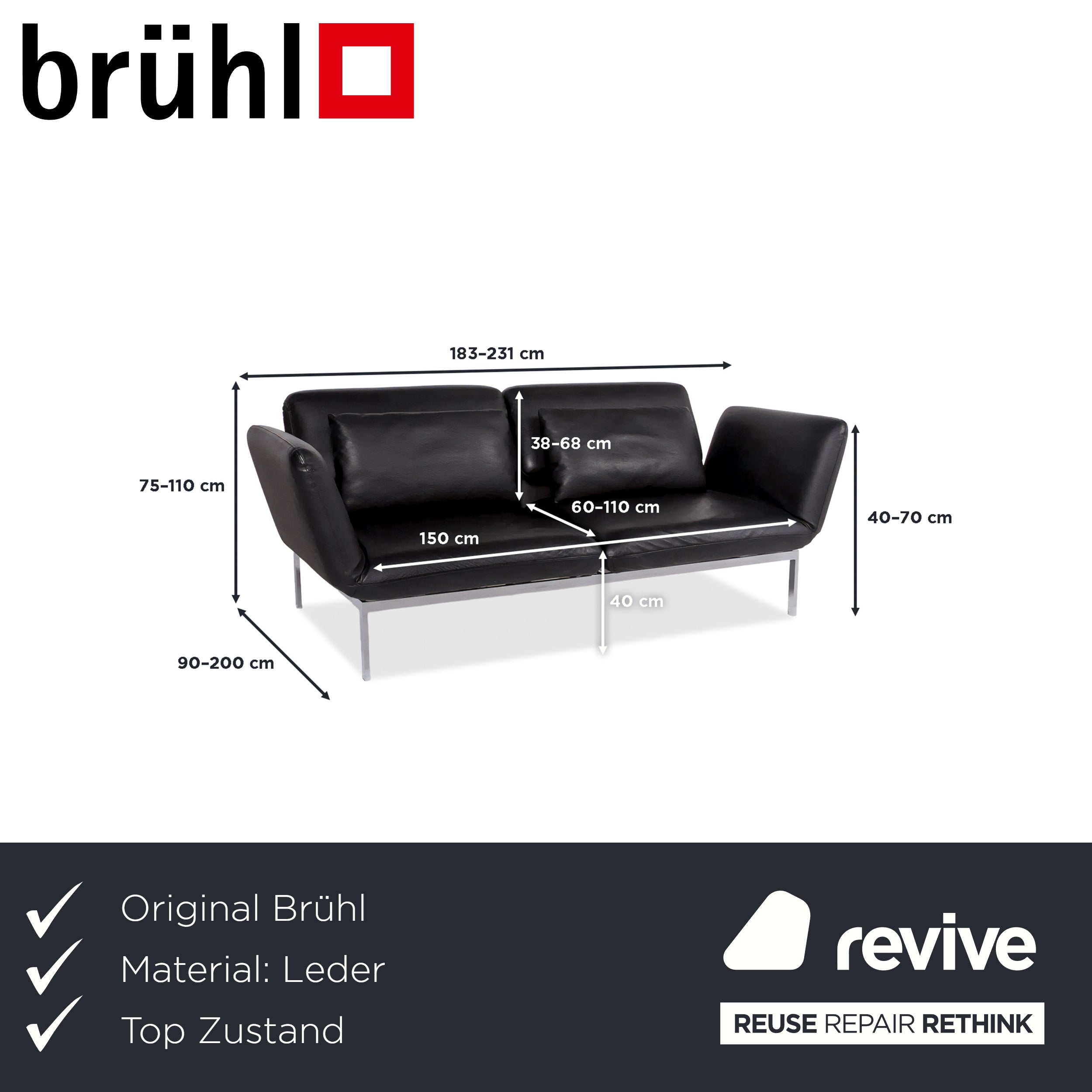 Brühl Roro Medium Leather Sofa Black Two-Seater Couch manual function