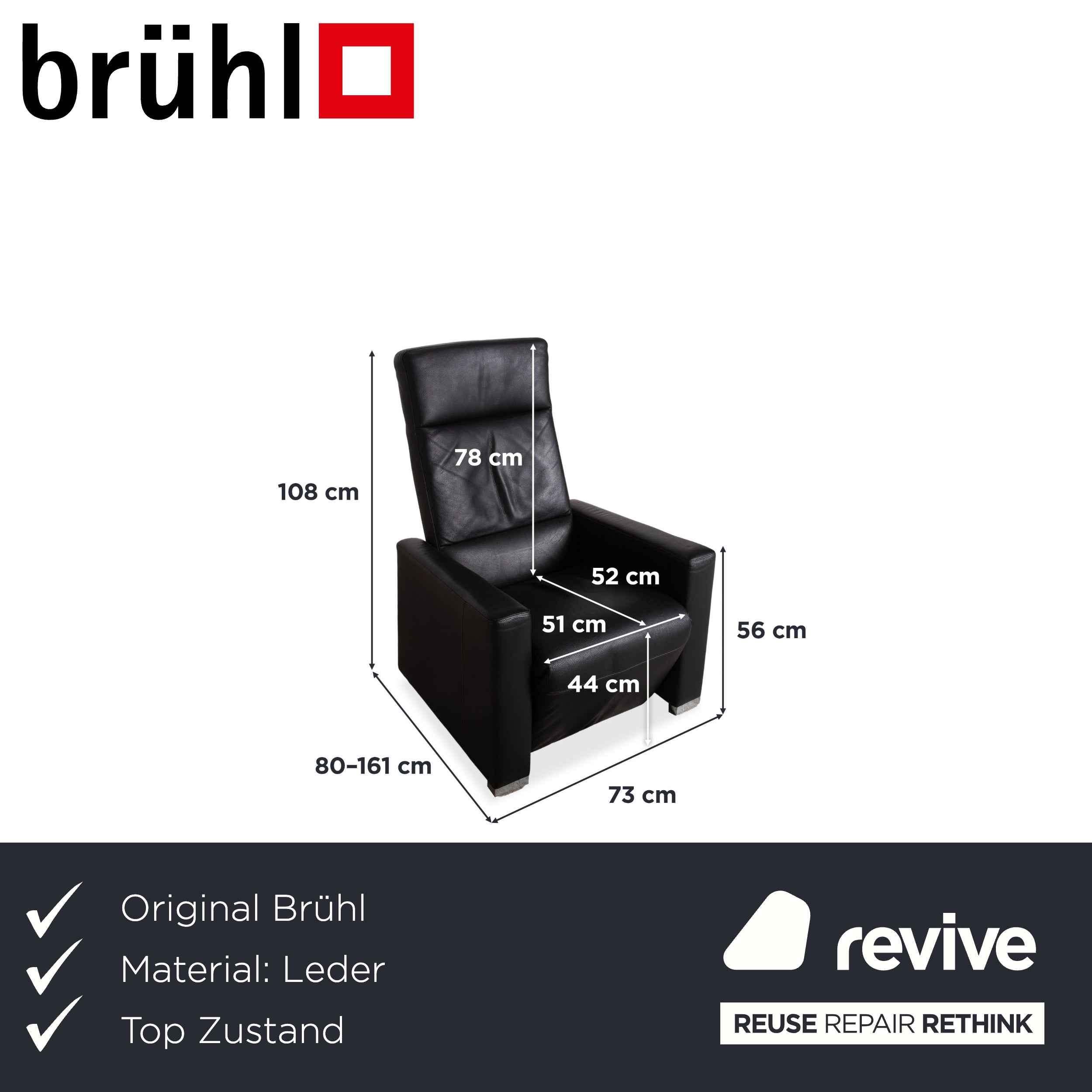 Brühl Shane Leder Sessel Schwarz manuelle Funktion Relaxfunktion