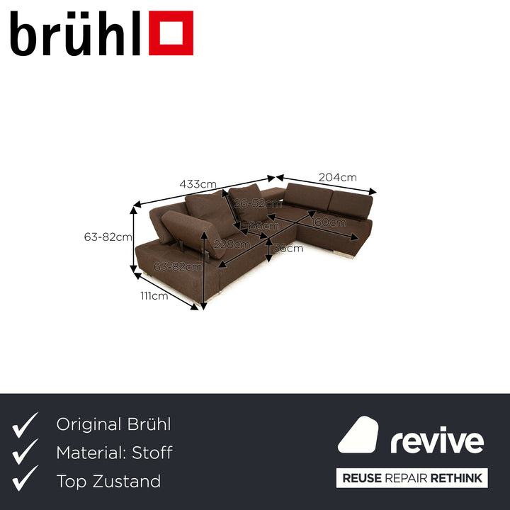 Brühl Sunrise fabric corner sofa brown manual function sofa couch + stool