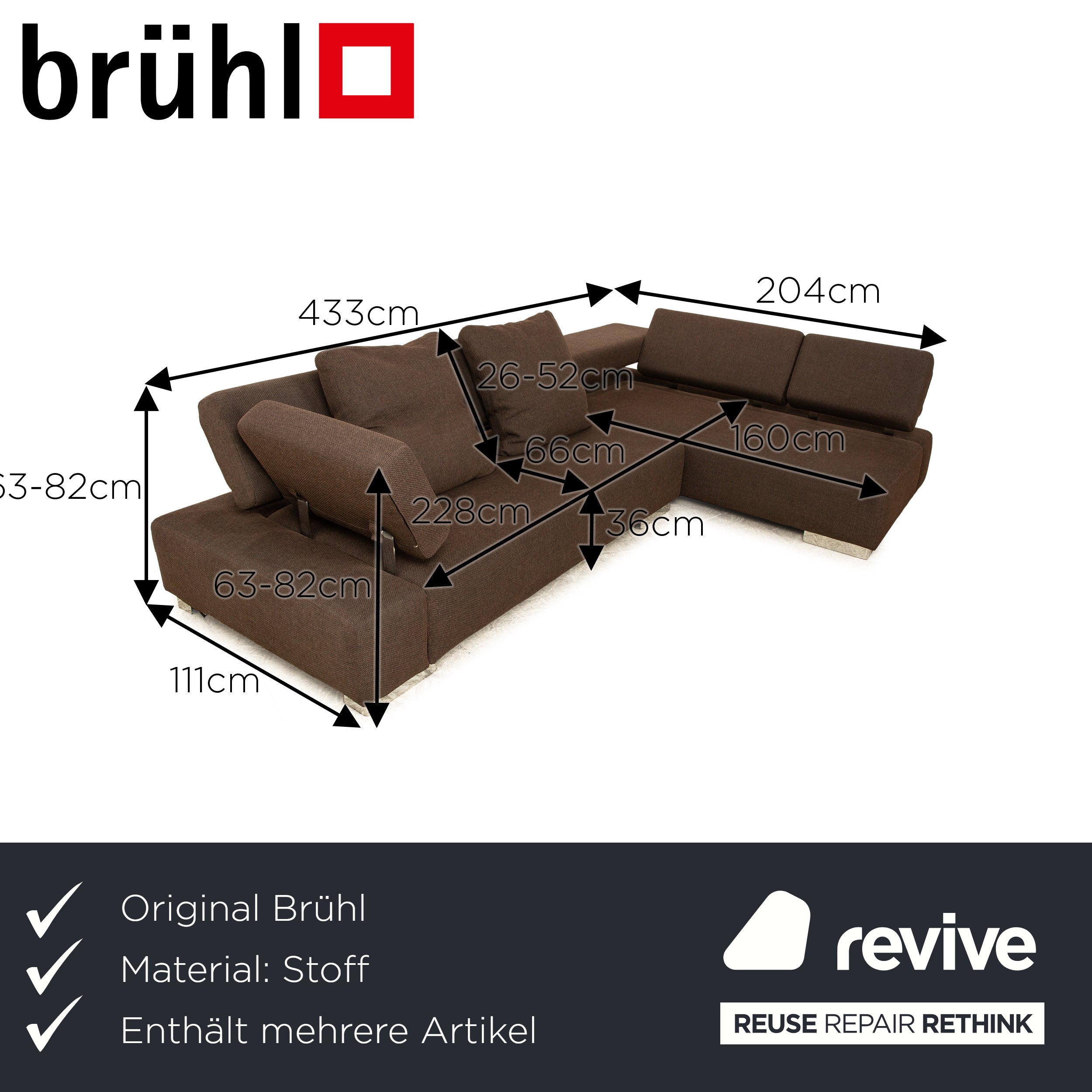 Brühl Sunrise ensemble canapé d'angle en tissu marron canapé à fonction manuelle + tabouret