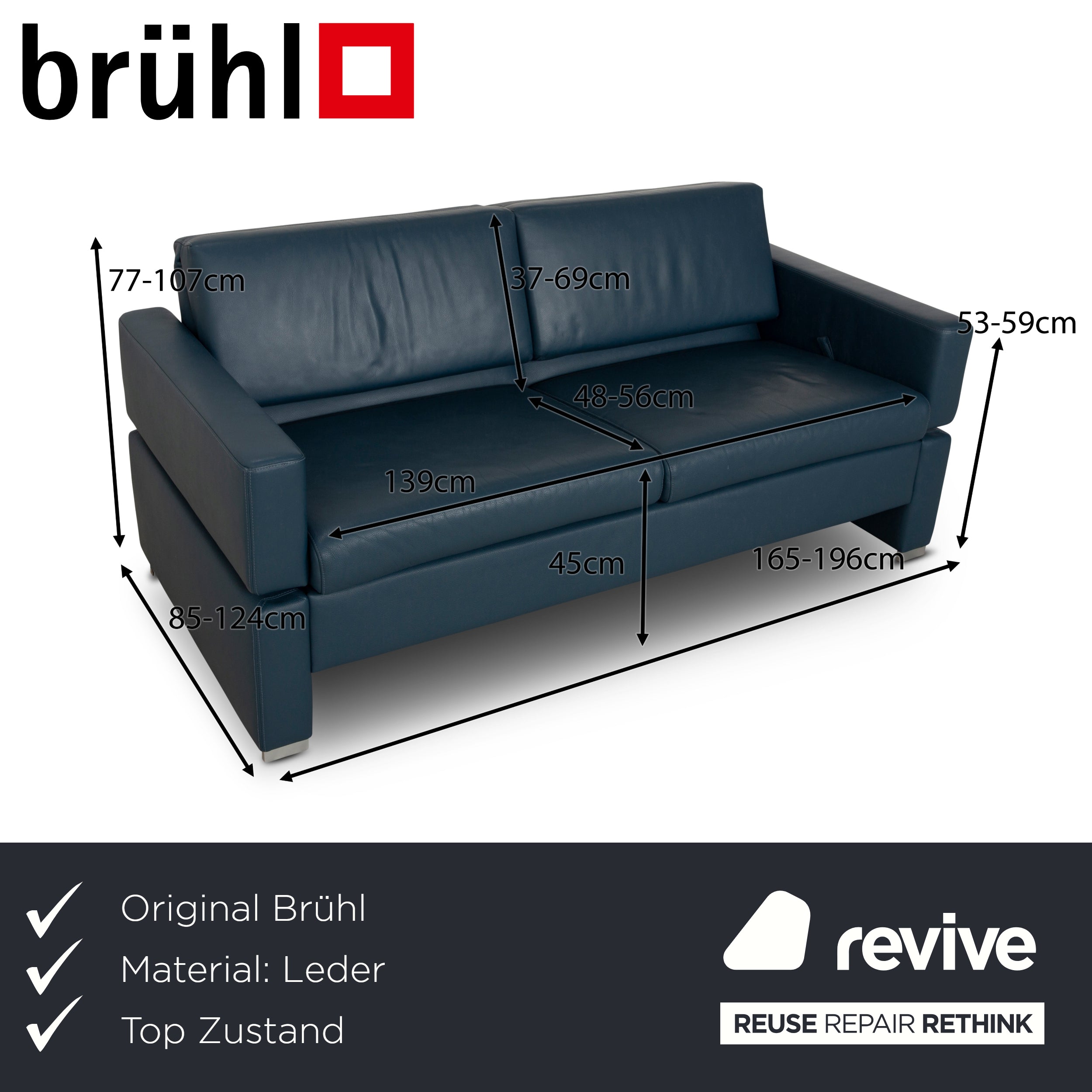 Brühl Tomo Leather Two-Seater Blue Manual Function Sofa Couch