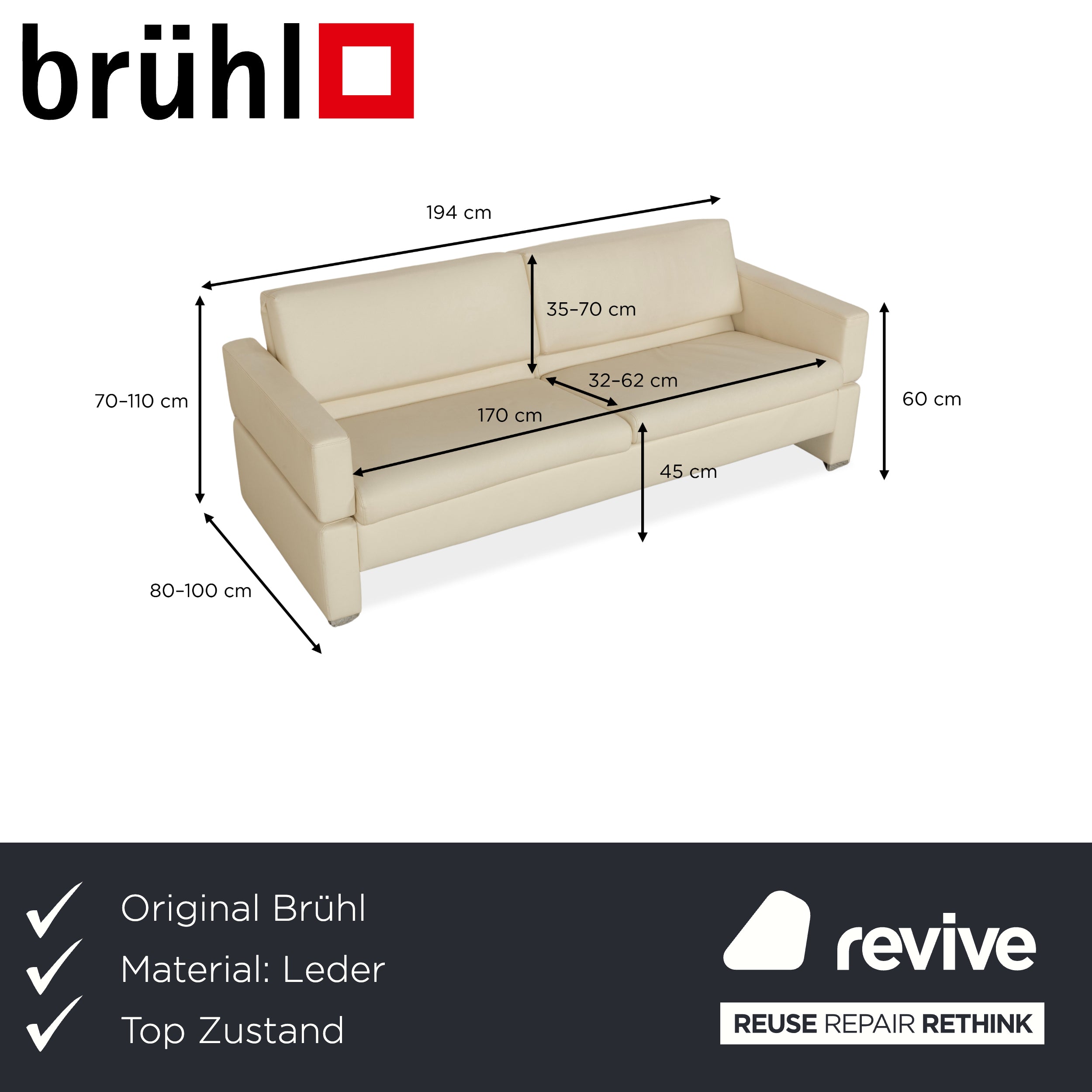 Brühl Tomo Leder Zweisitzer Creme manuelle Funktion Sofa Couch